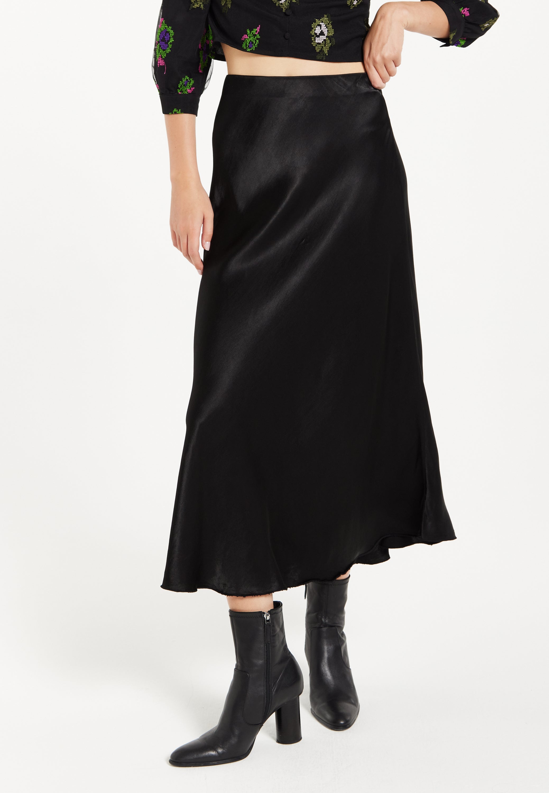 Women's Black Satin Midi Skirt with Elasticated Waist and Bias Cut