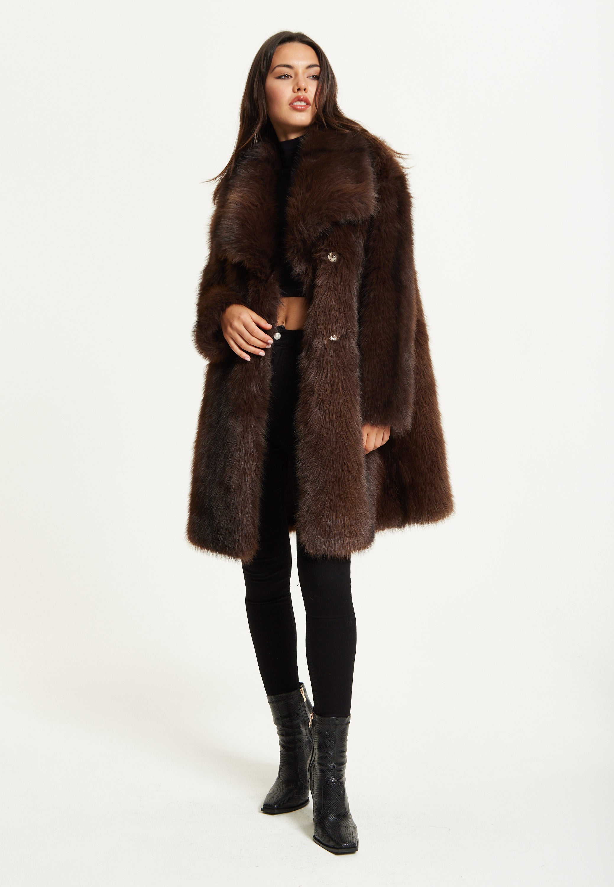 Chantal Genuine Fur Trim Down Fill Coat in Chocolate
