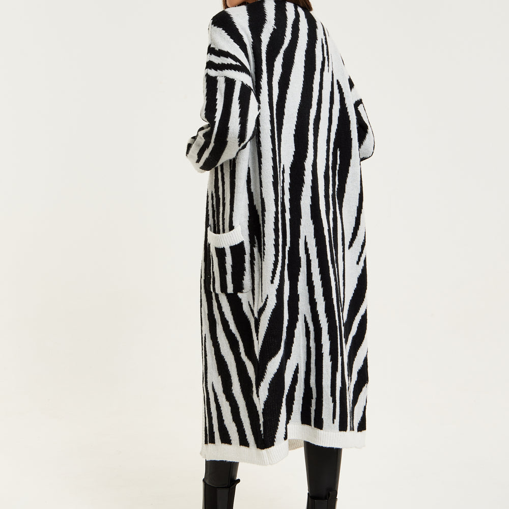 
                  
                    Liquorish Longline Cardigan In Black And White Zebra Pattern
                  
                