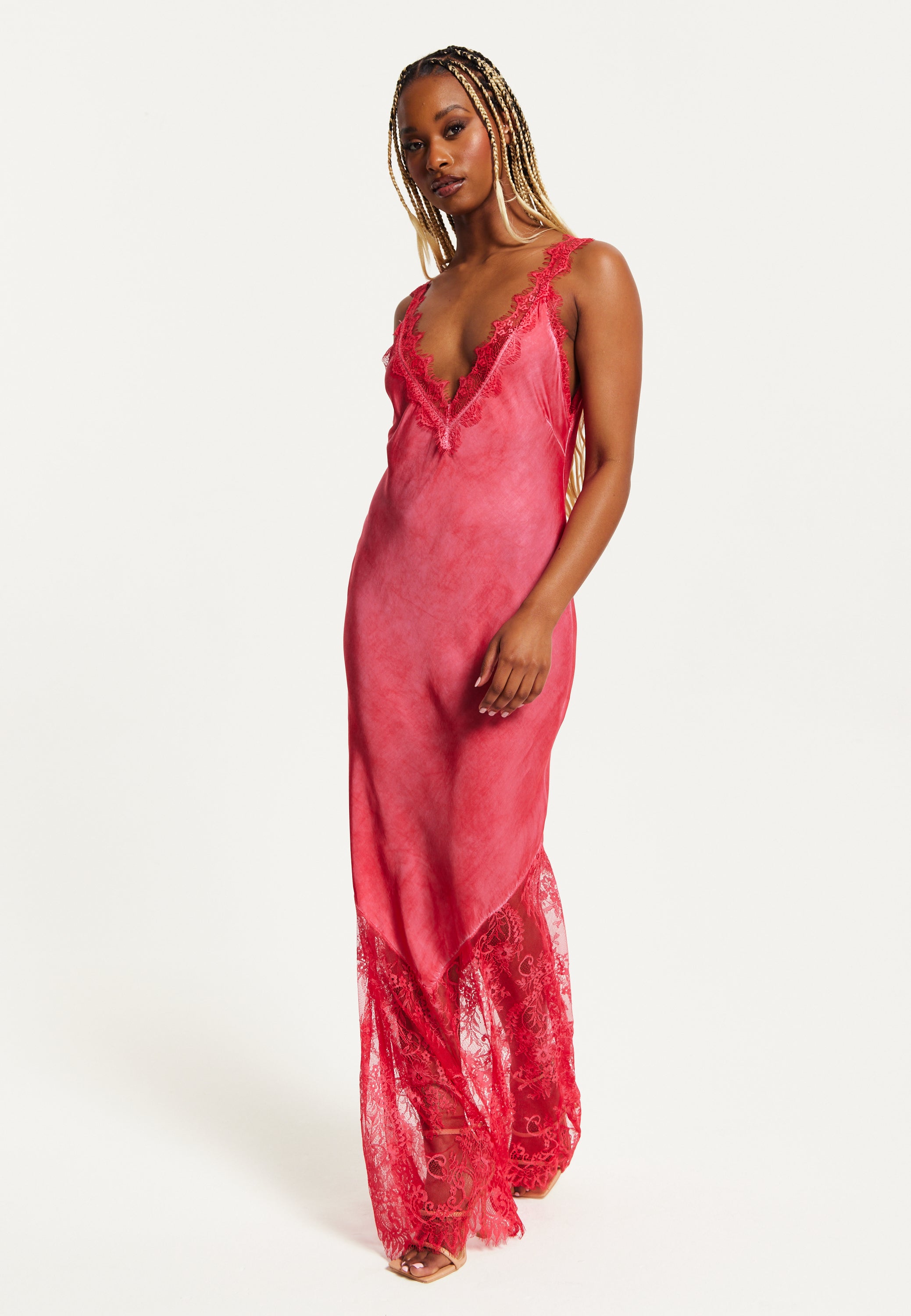 Women's Maxi Dress with Lace Detail and Deep V-Neck in Red, Regular to Liquorish Online Women's Maxi Dress with Lace Detail and Deep V-Neck in Red, Regular to Liquorish Online