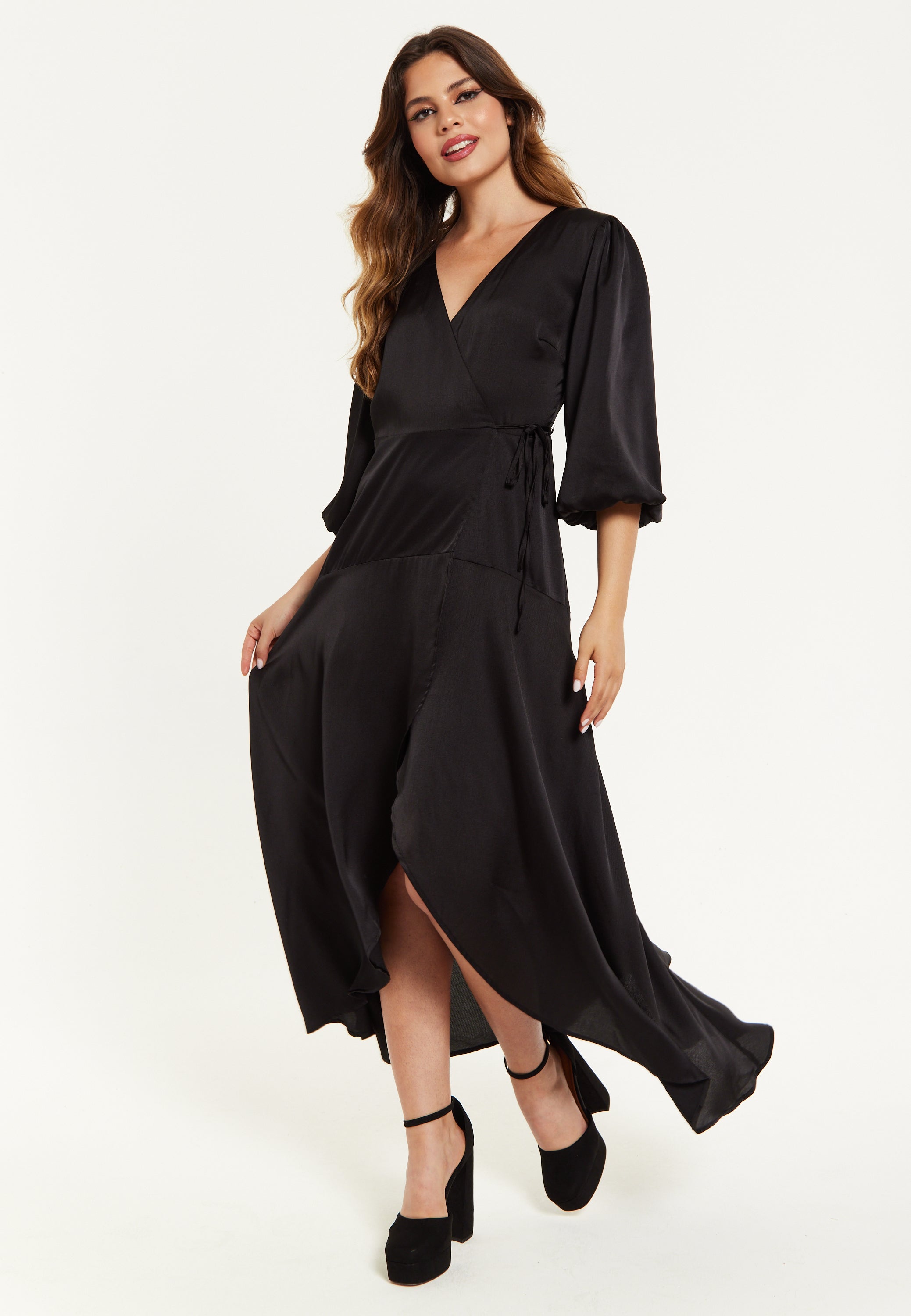 Women s Midi Dress Black Wrap Dress with Puff Sleeves Elegant V Neck Chic Regular Fit Lightweight Polyester