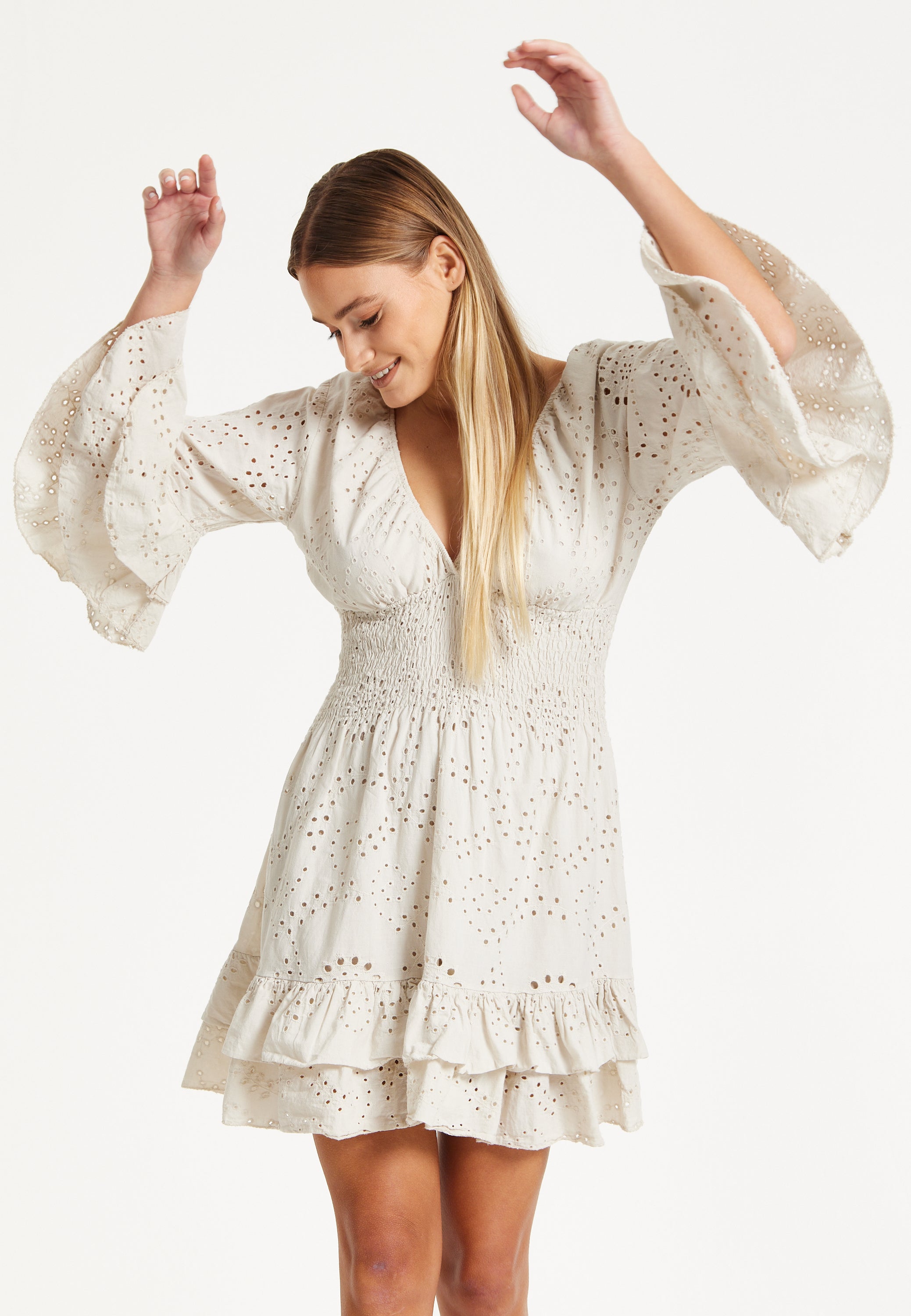 cream broderie anglaise dress Discover timeless elegance in our Broderie Anglaise Midi Dress! Perfect for summer days, it features a flattering V-neckline and delicate details. Whether you're brunching or beaching, this dress is your go-to for