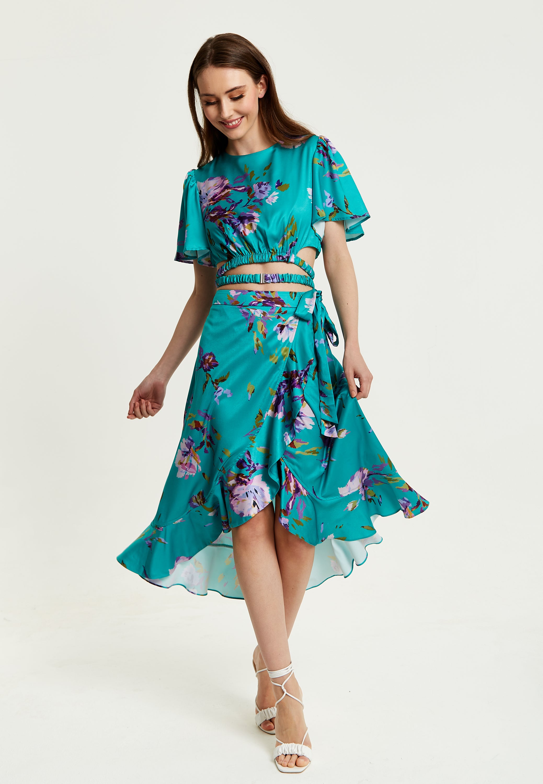 Women's Green Floral Print Midi Wrap Skirt with Frill Details and Elasticated Waist Liquorish