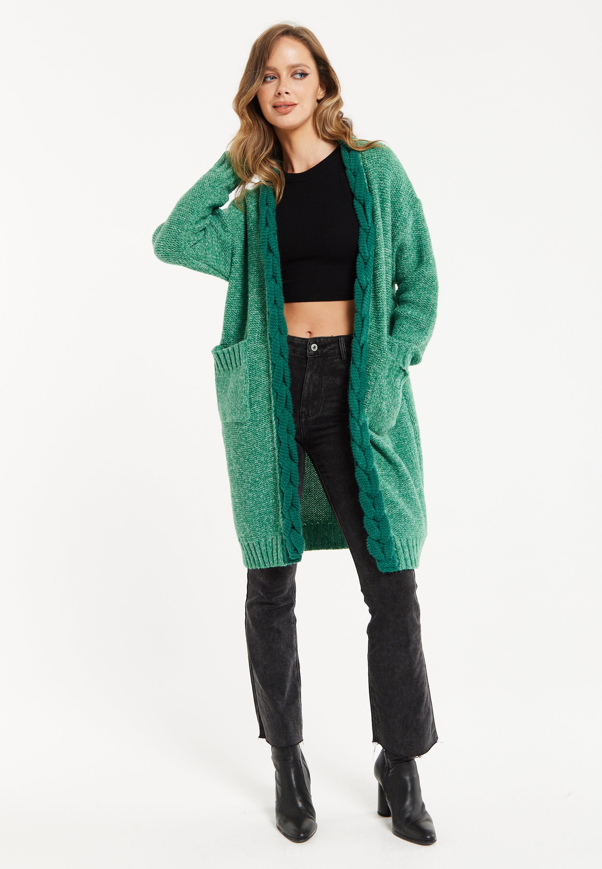 Women's Cardigan Oversized Chunky Knit Green with Cable