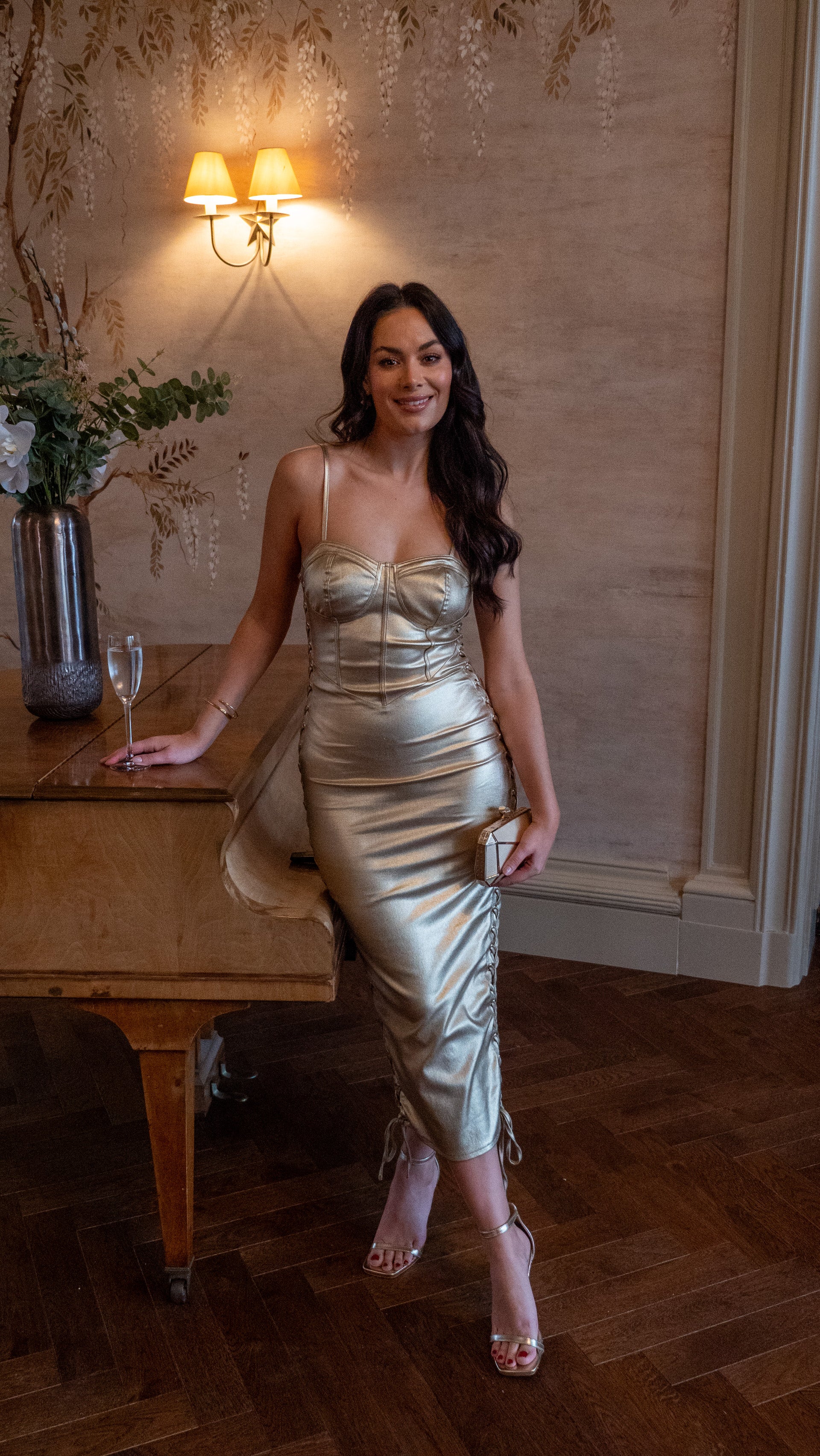 Women’s Midi Dress with Corset Style, Metallic Foil Gold Lycra, Eyelet Details, Bodycon Fit