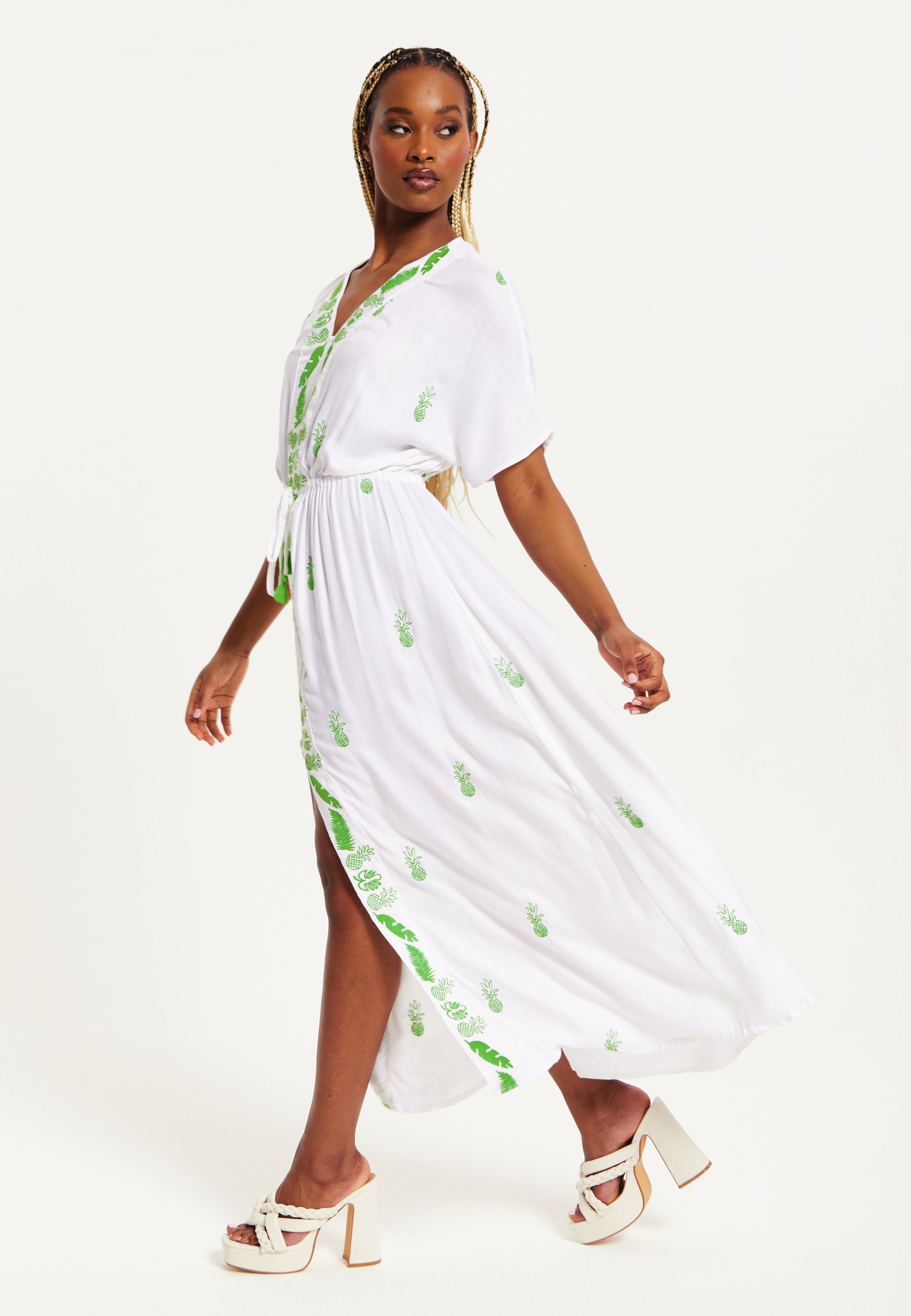 Women's Maxi Dress in White with Short Sleeves and Front Slit