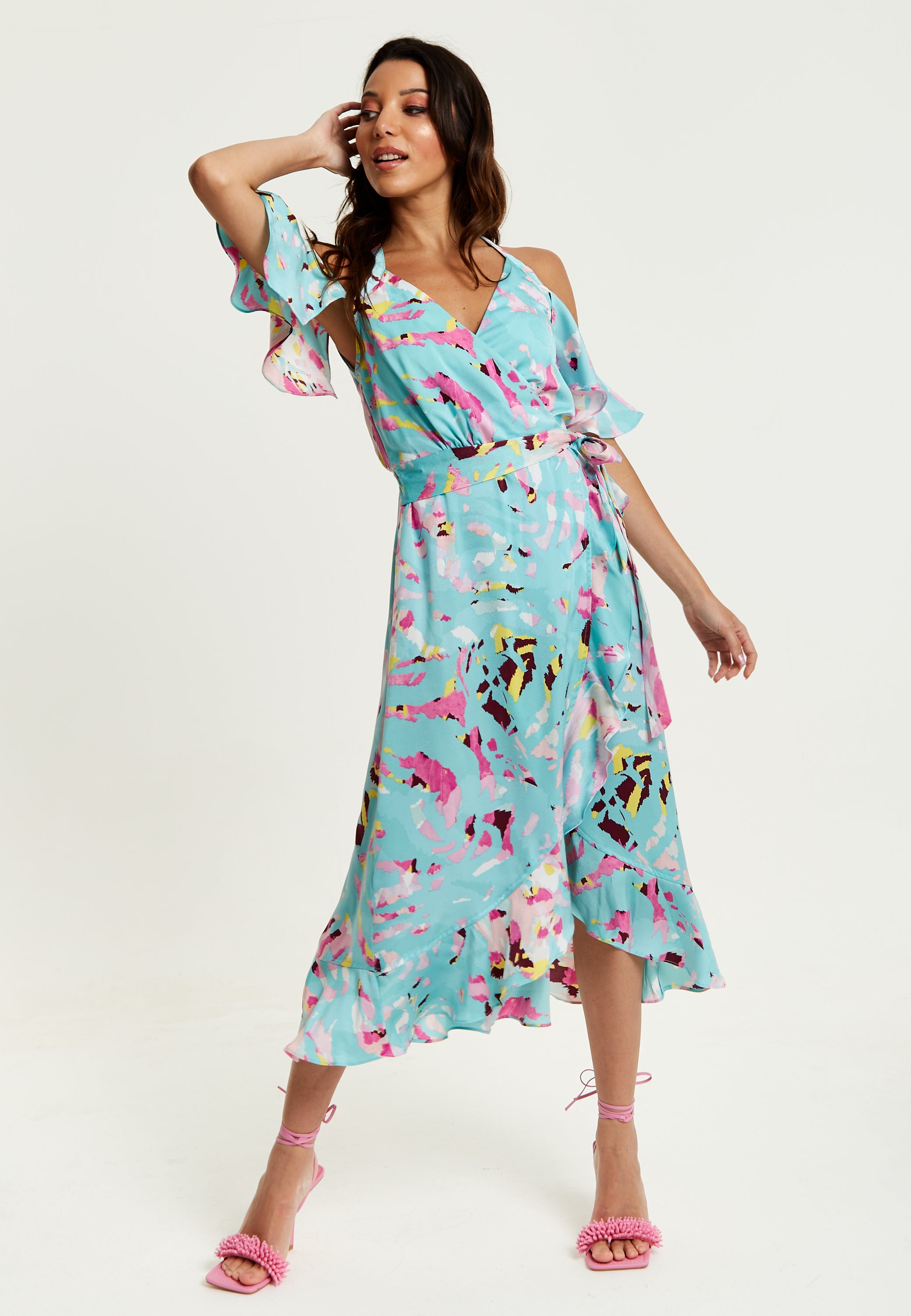 Open shoulder 2024 wrap dress