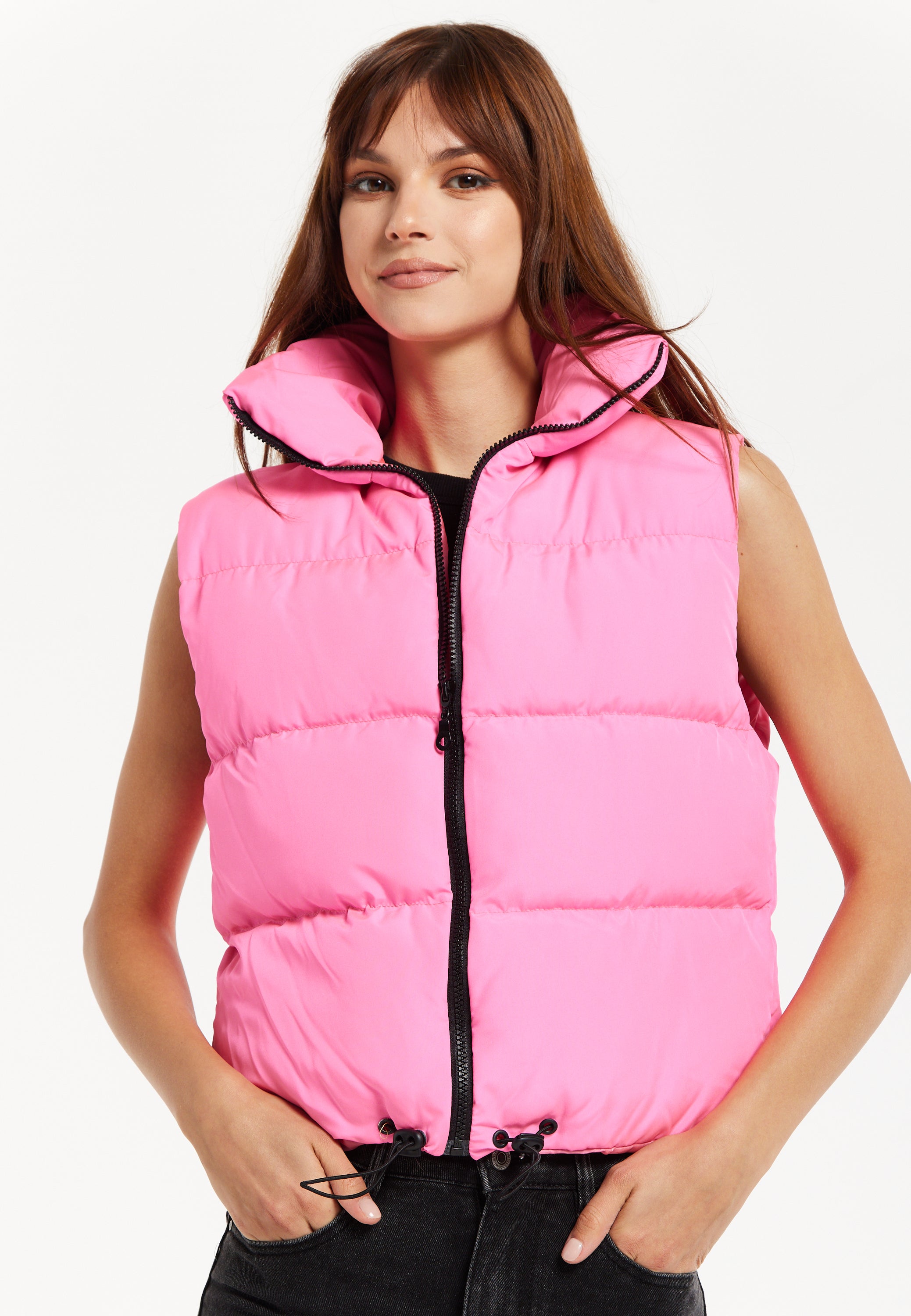 Women s Pink Puffer Vest with Drawstring Hem and High Collar for Cozy Layering