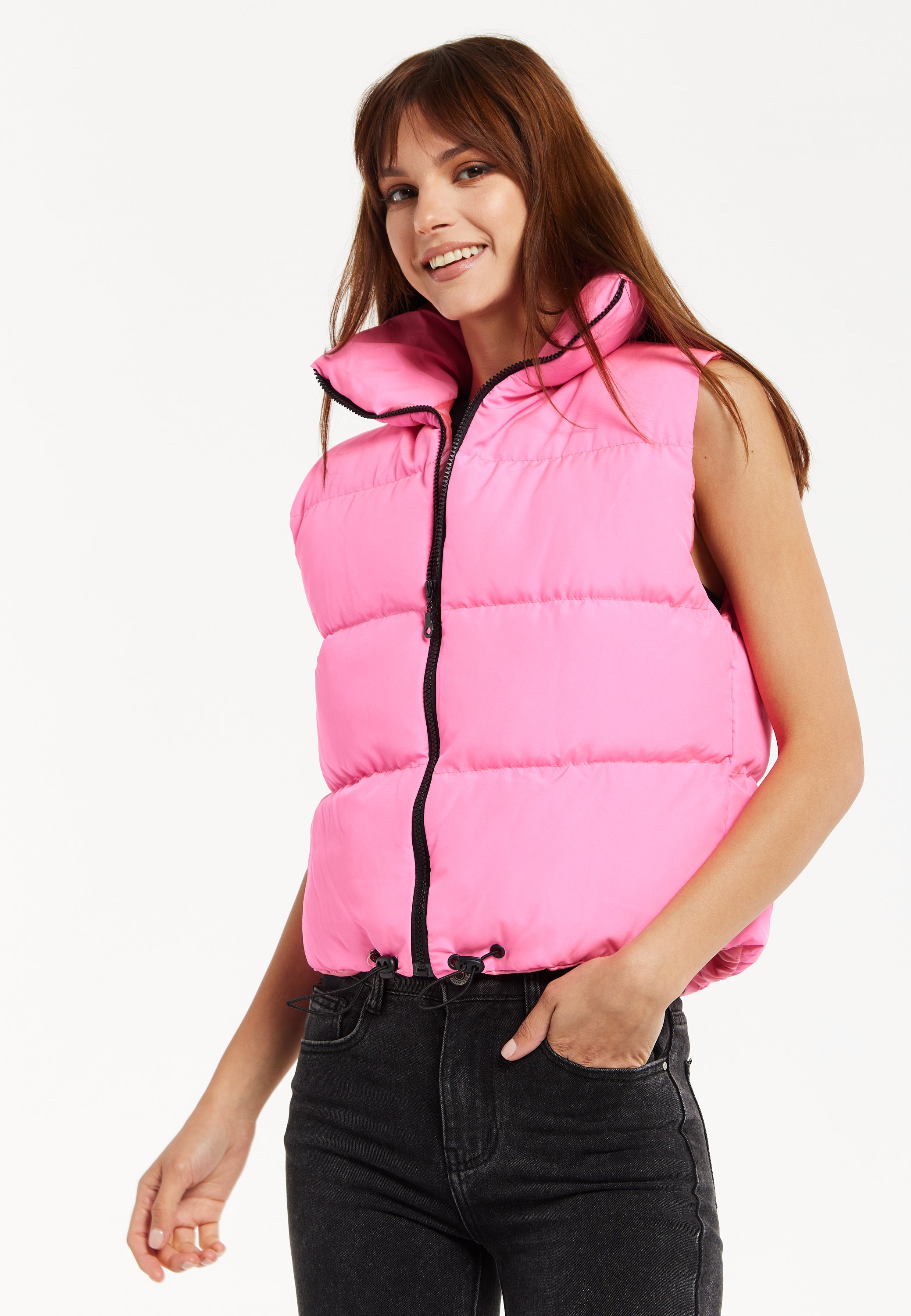 Women's Pink Puffer Vest with Drawstring Hem and High Collar for Cozy Layering