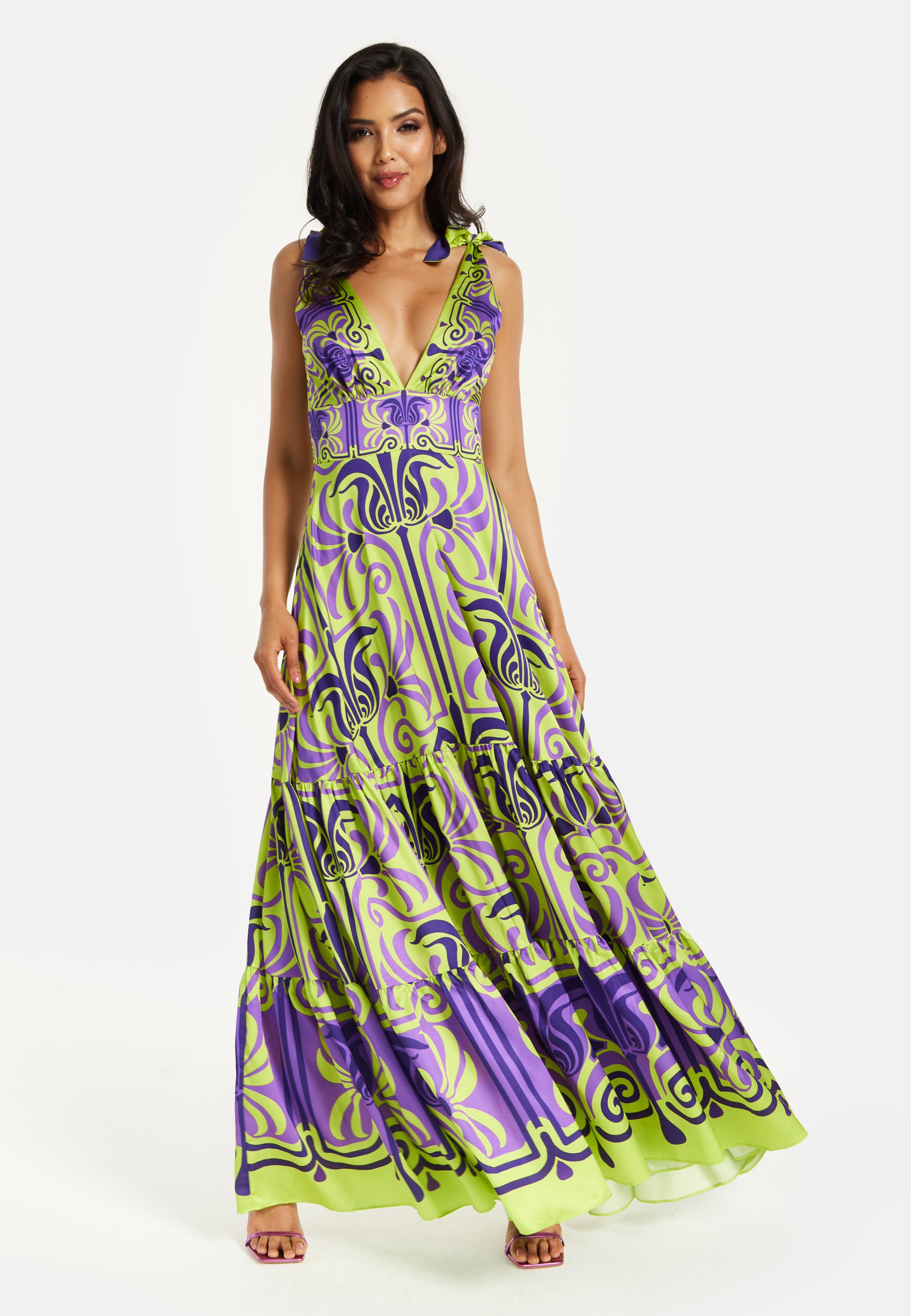 Women's Maxi Dress with Flowing Tiered Skirt in Purple and Lime Green Liquorish Online Women's Maxi Dress with Flowing Tiered Skirt in Purple and Lime Green Liquorish Online