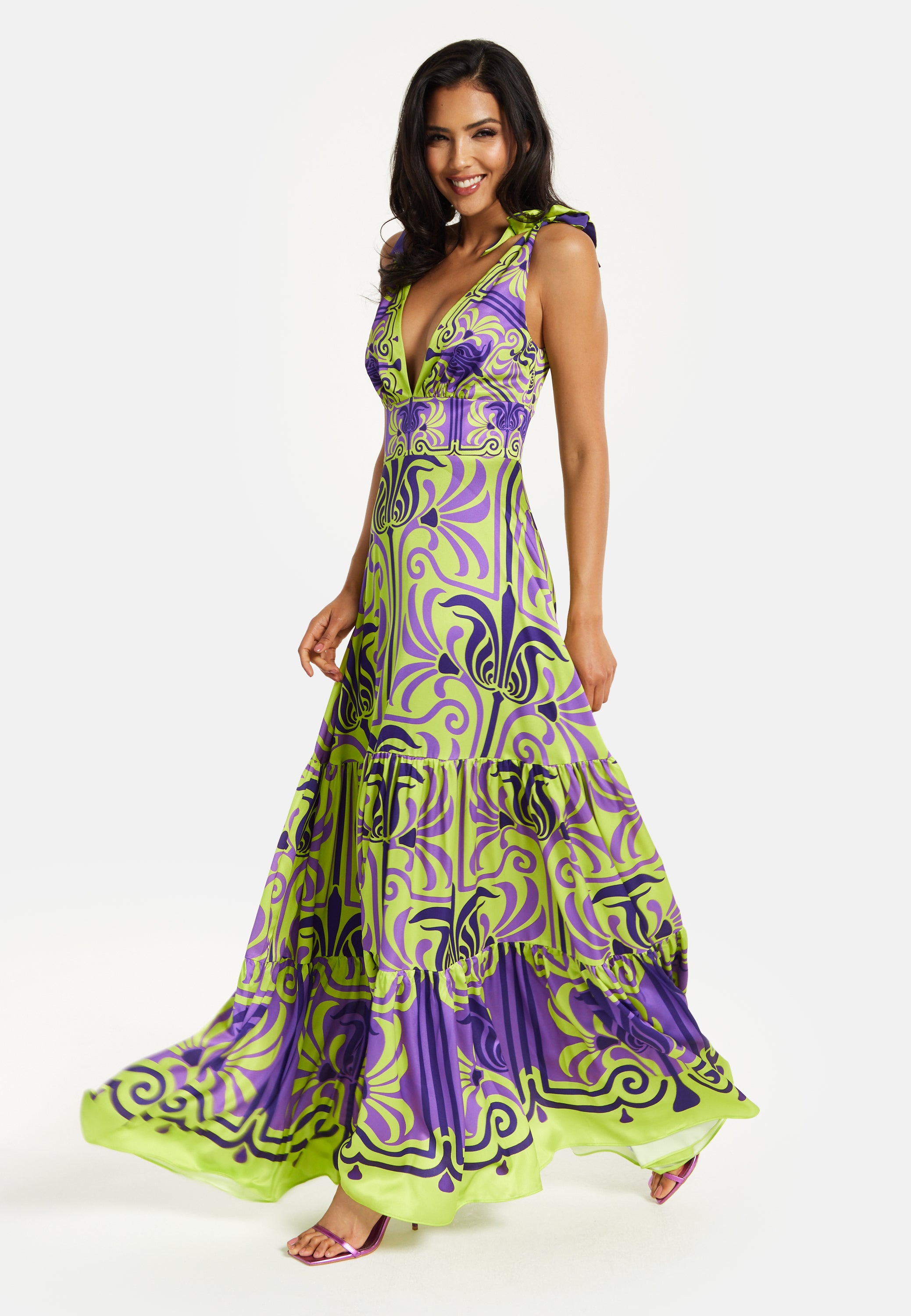 Women's Maxi Dress with Flowing Tiered Skirt in Purple and Lime
