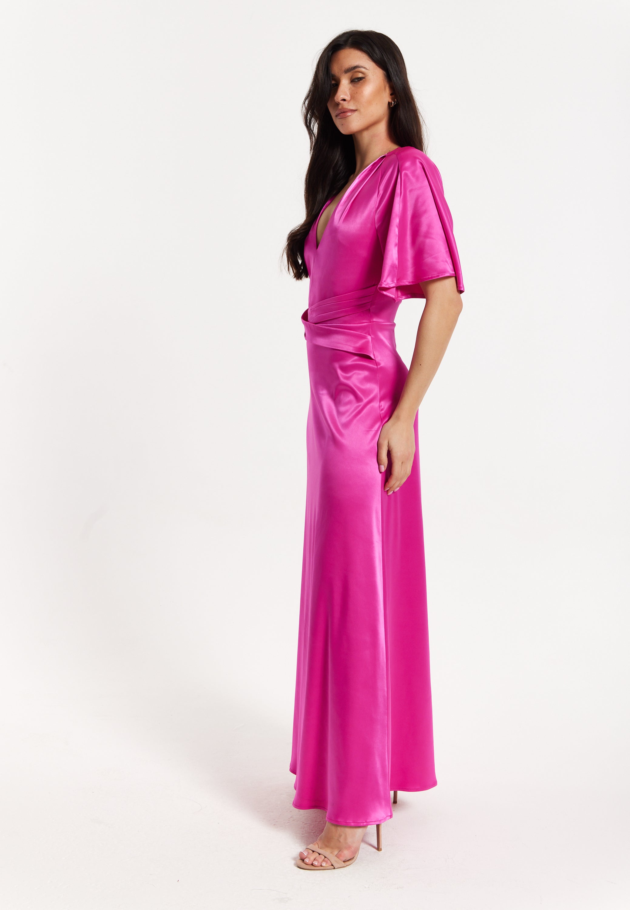 hot pink silk wrap dress Hot Pink Pleated Satin Lace Back Maxi Dress - Event Dresses