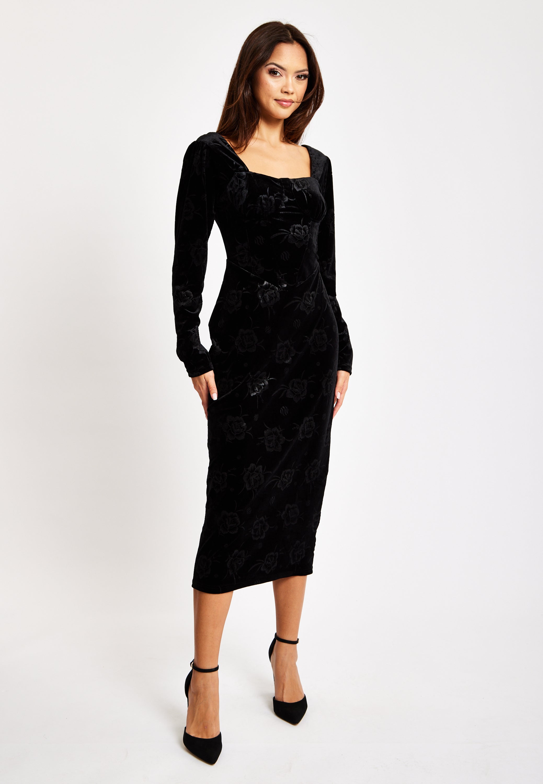 Women's Midi Dress with Long Balloon Sleeves in Black Velvet - Corset Liquorish Online Women's Midi Dress with Long Balloon Sleeves in Black Velvet - Corset Liquorish Online