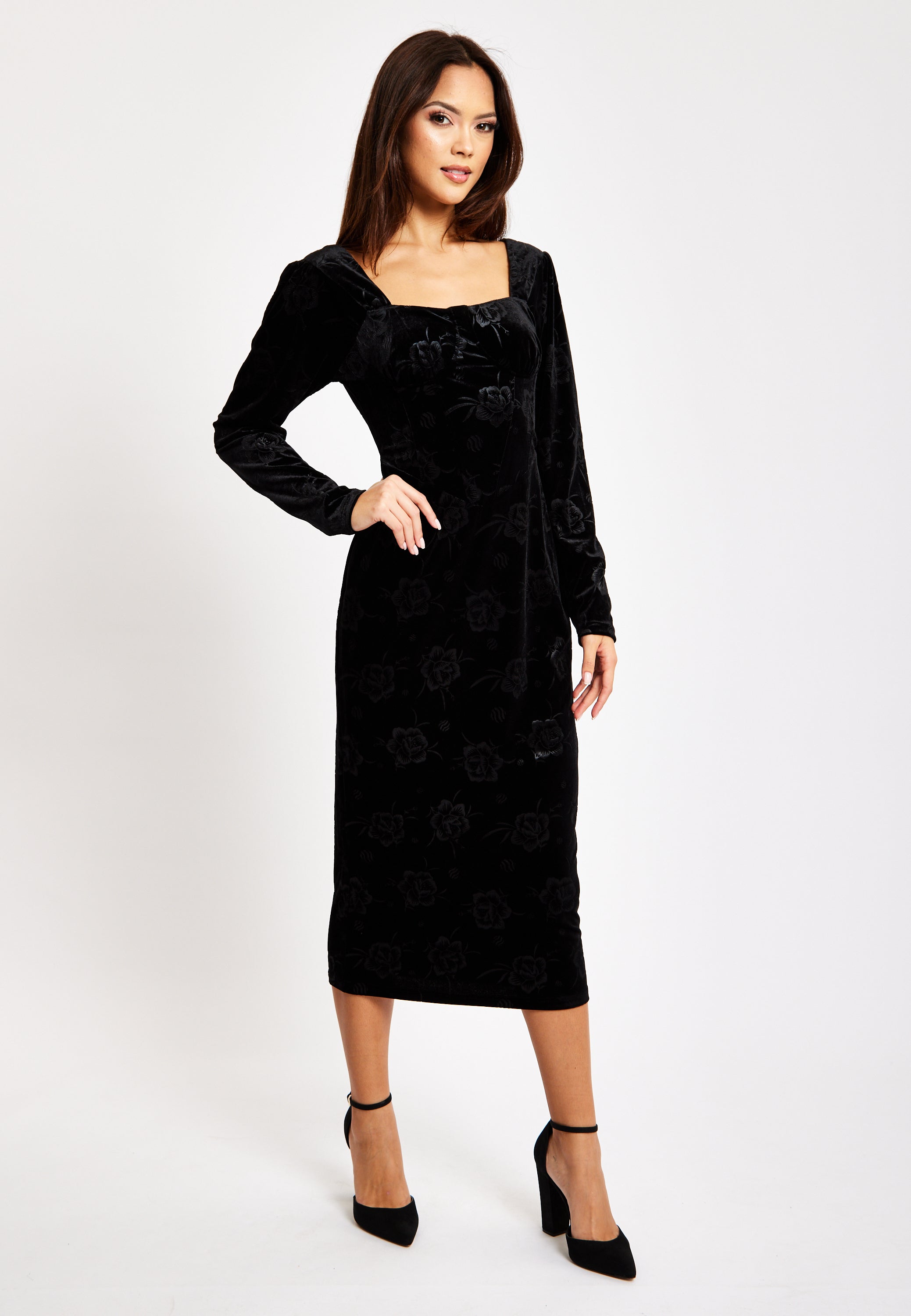 Women's Midi Dress with Long Balloon Sleeves in Black Velvet - Corset Liquorish Online Women's Midi Dress with Long Balloon Sleeves in Black Velvet - Corset Liquorish Online