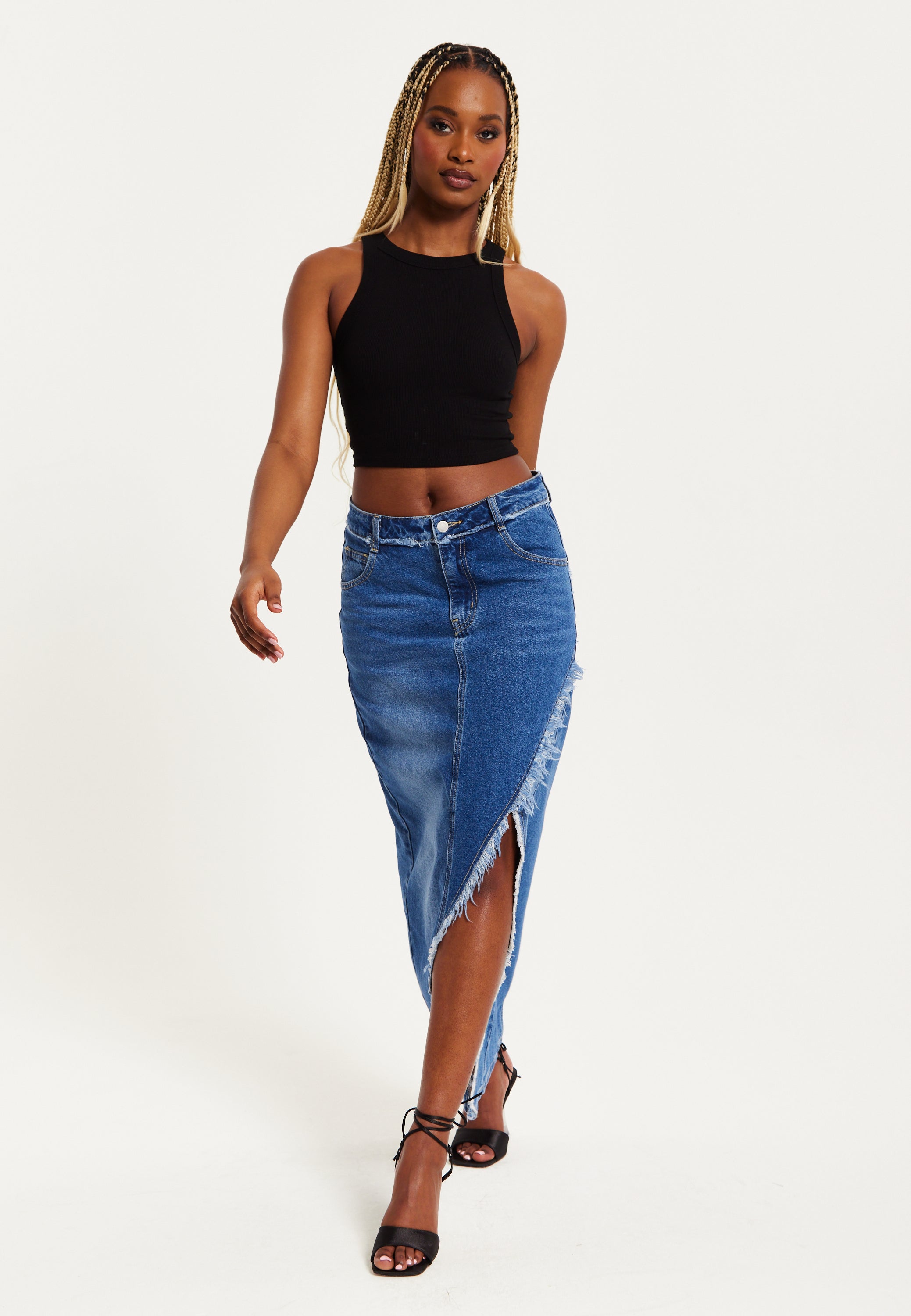Women's Blue Wrap Front Maxi Denim Skirt with Slit Detail and Belt
