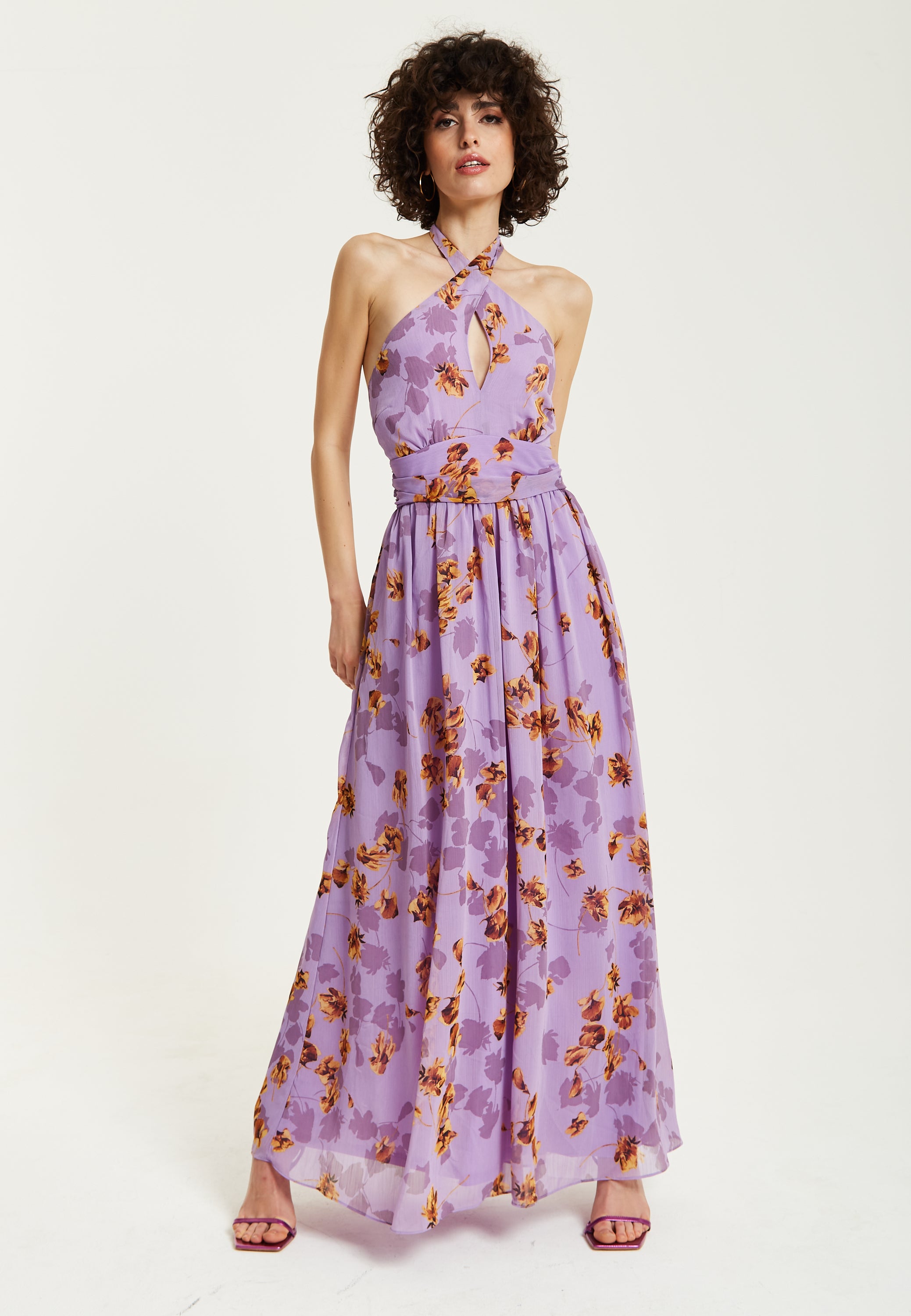 Women's Maxi Dress, Purple Floral Print, Halter Neck Design, Cut-Out F Liquorish Online Women's Maxi Dress, Purple Floral Print, Halter Neck Design, Cut-Out F Liquorish Online
