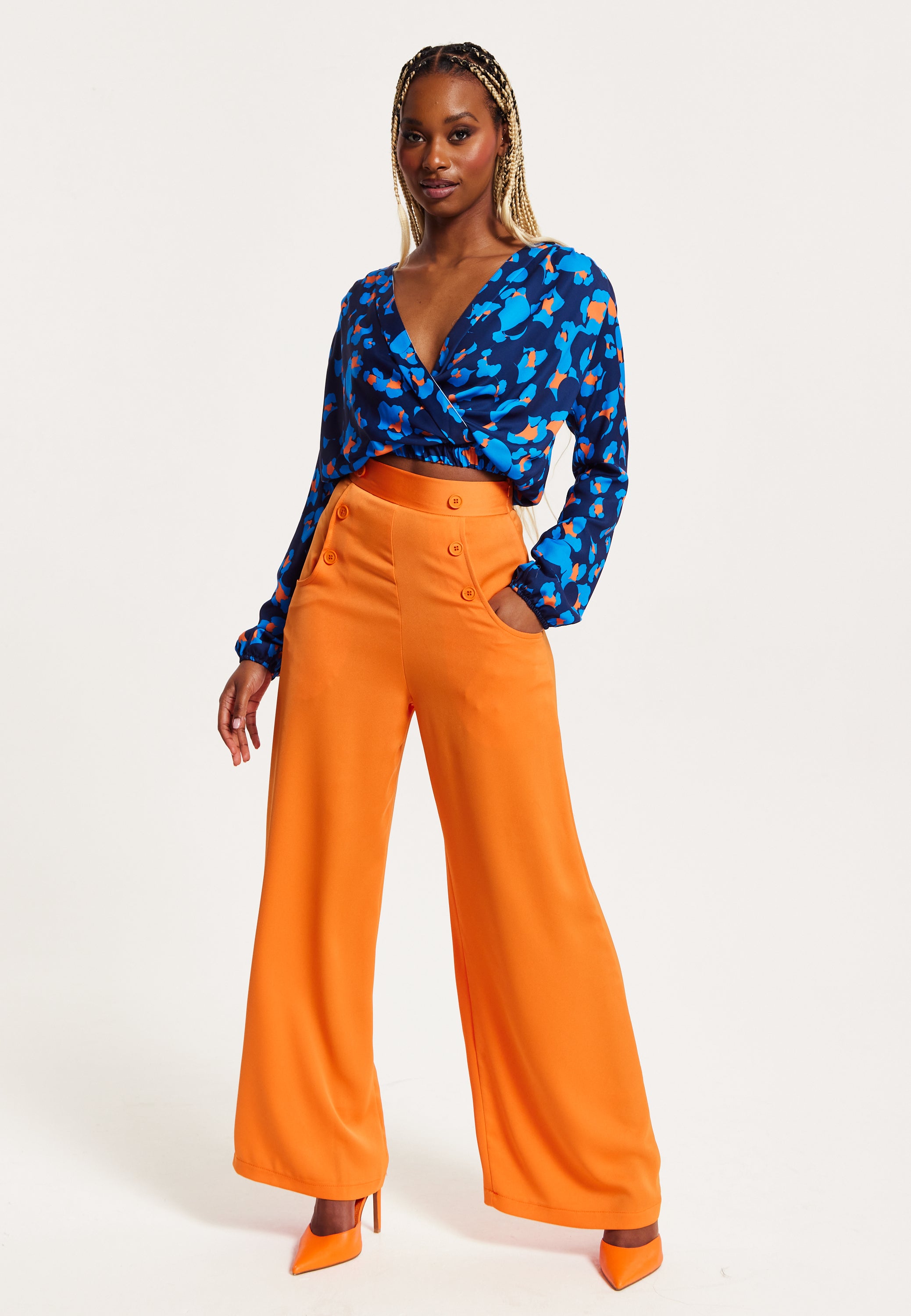 Women s Trousers High Waist Orange Wide Leg with Front Buttons and Pockets Zip Side Fastening Liquorish