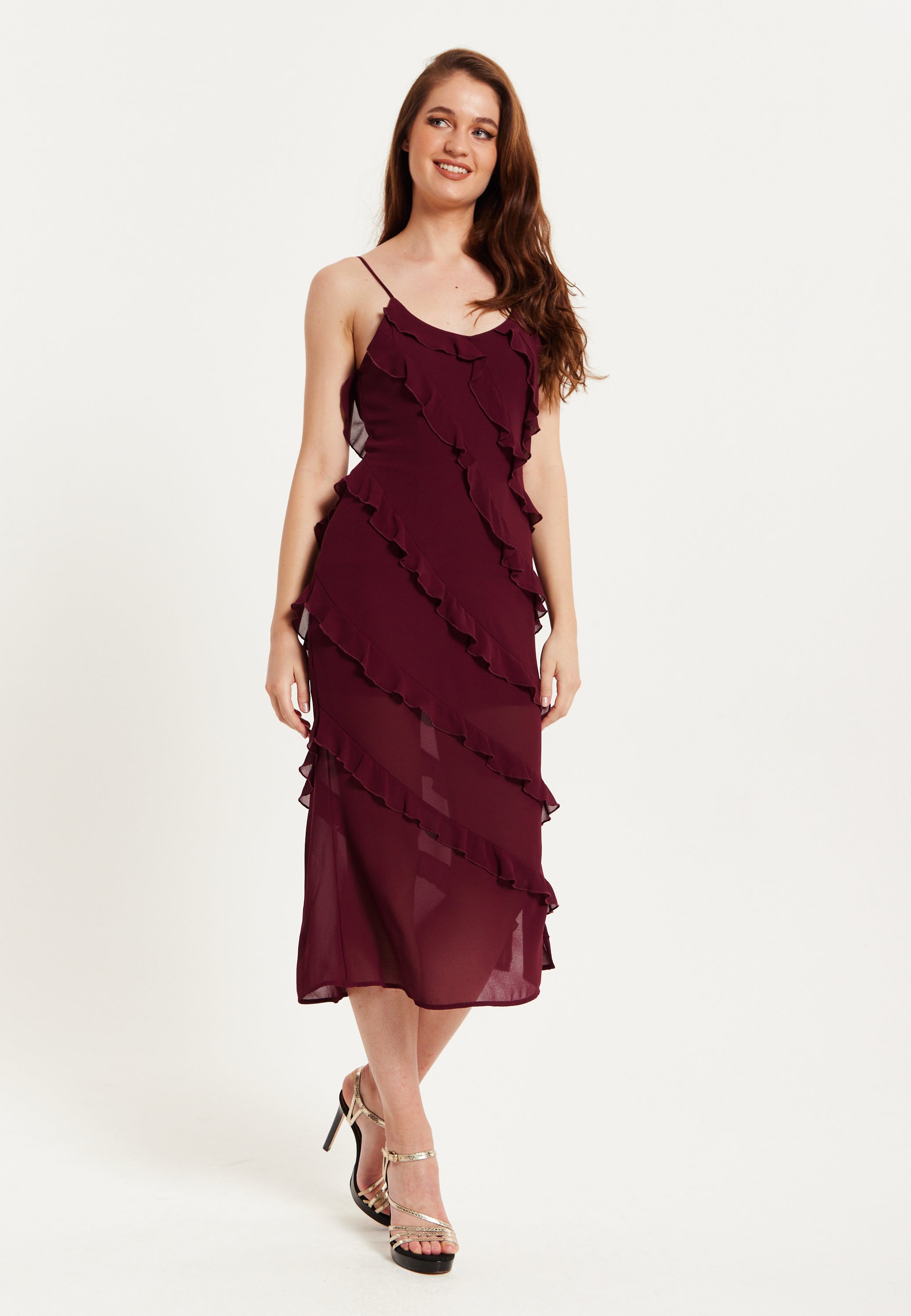 Women's Burgundy Sleeveless Chiffon Frill Midi Dress with Diagonal Fri Liquorish Online Women's Burgundy Sleeveless Chiffon Frill Midi Dress with Diagonal Fri Liquorish Online