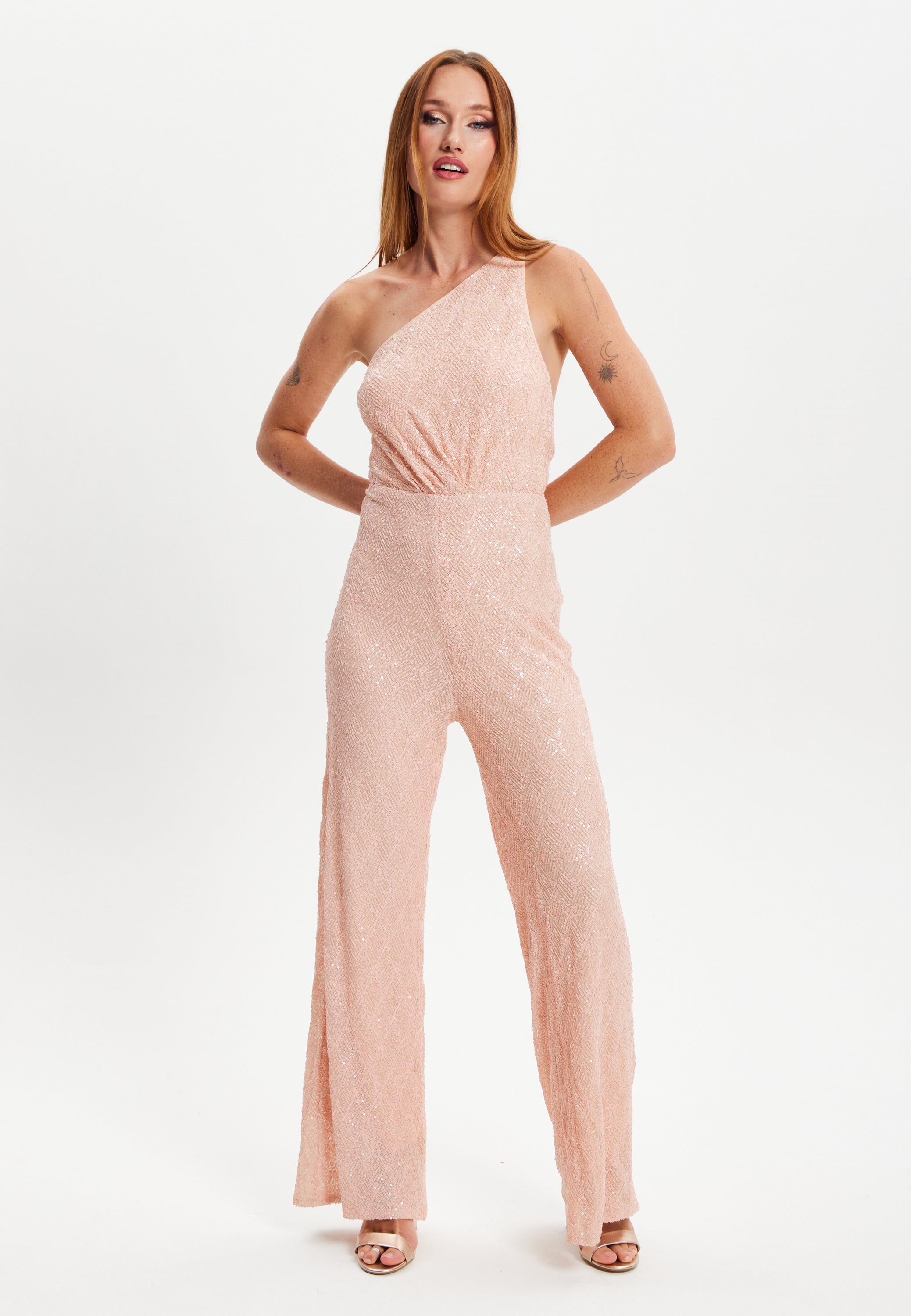 Women s Pink Sequin One Shoulder Backless Jumpsuit with Slim Fit and E Liquorish Online