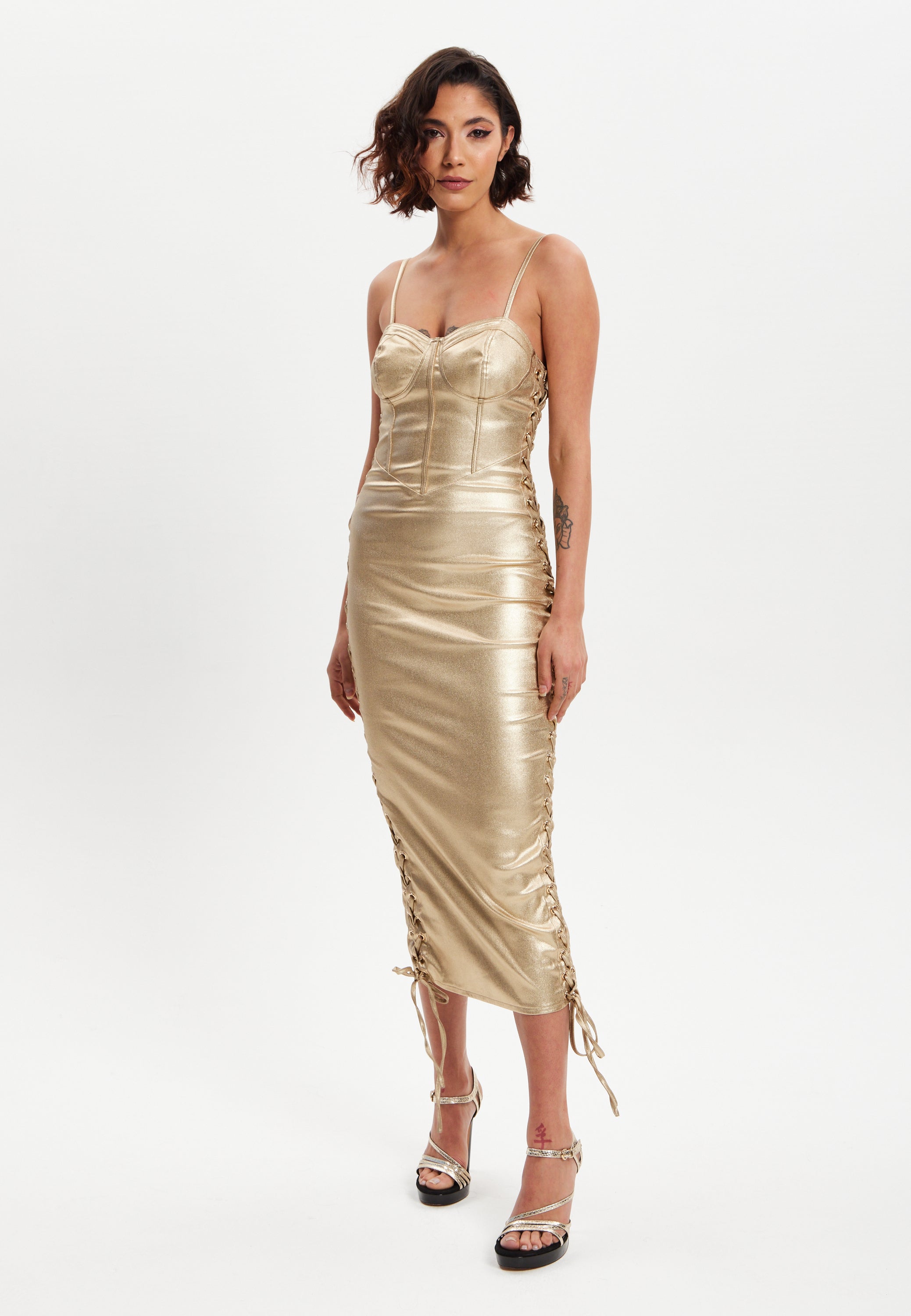 Women's Midi Dress with Corset Style, Metallic Foil Gold Lycra, Eyelet Liquorish Online Women's Midi Dress with Corset Style, Metallic Foil Gold Lycra, Eyelet Liquorish Online