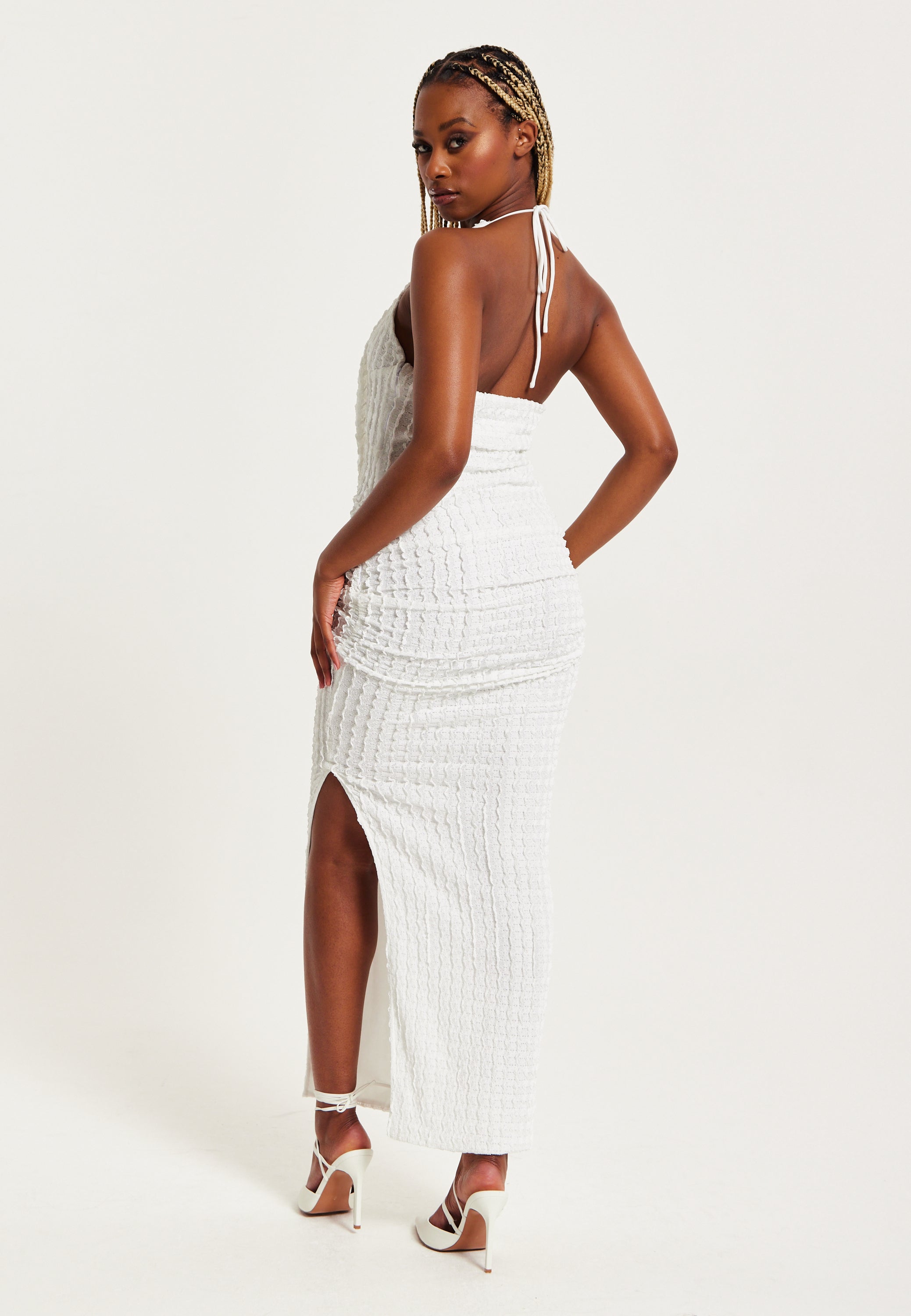 white v neck jersey dress Vikki Vi Jersey White 3/4 Sleeve Faux Wrap Maxi Dress PlusbyDesign.com