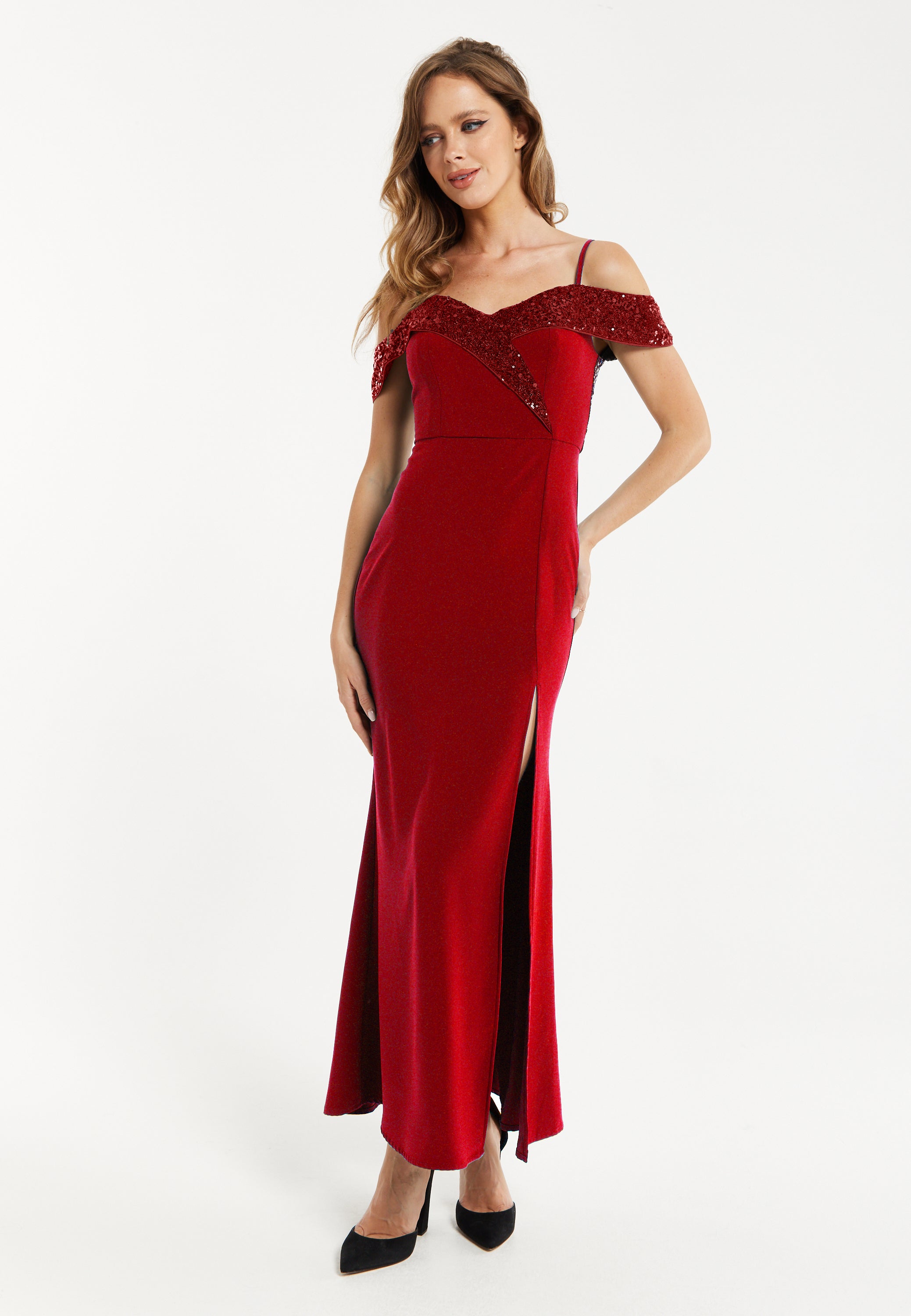 Women's Maxi Dress in Red with Off-Shoulder Design, Thigh-High Slit & Liquorish Online Women's Maxi Dress in Red with Off-Shoulder Design, Thigh-High Slit & Liquorish Online