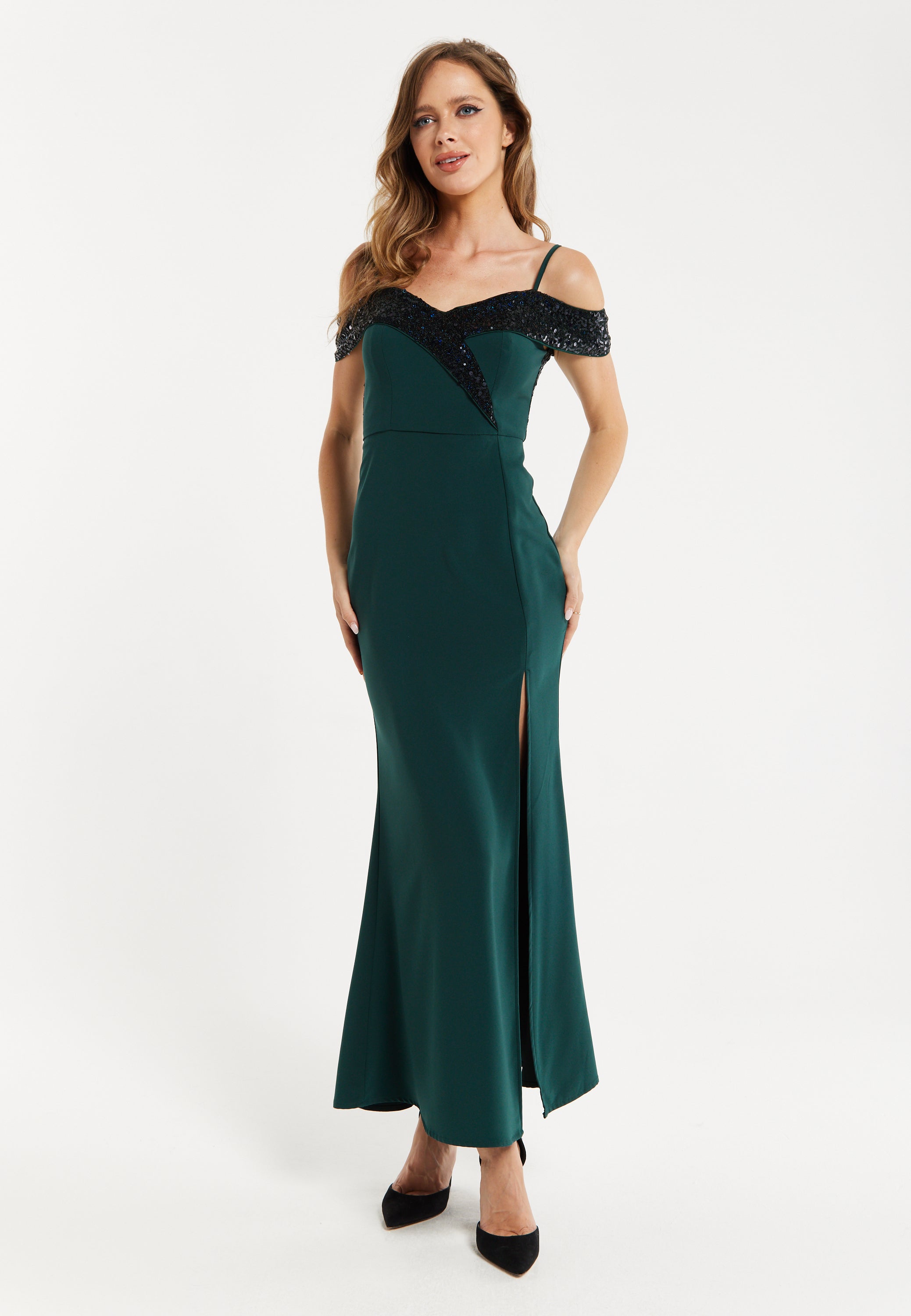 Women's Maxi Dress in Emerald Green with Off-Shoulder Design, Thigh-Hi Liquorish Online Women's Maxi Dress in Emerald Green with Off-Shoulder Design, Thigh-Hi Liquorish Online