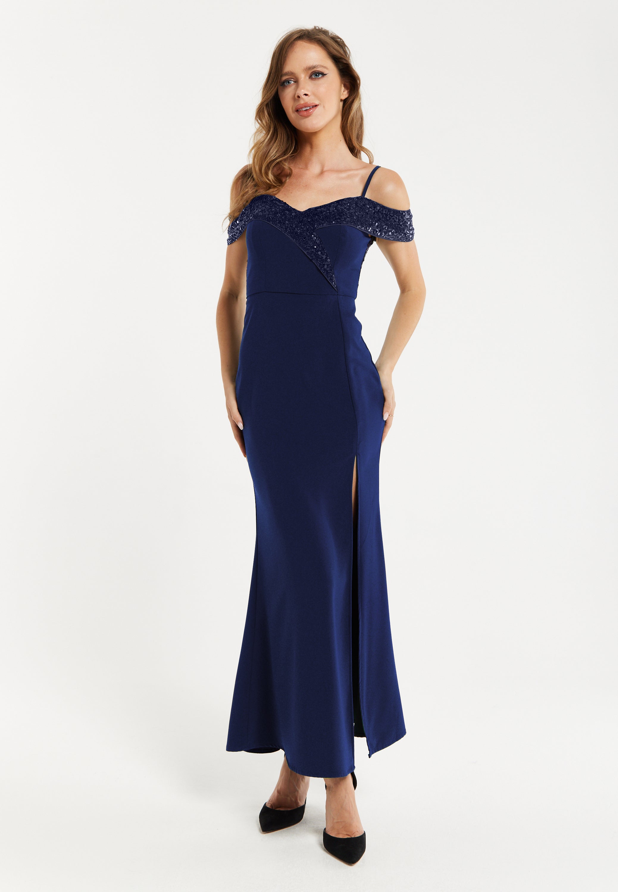 Women's Maxi Dress in Navy with Off-Shoulder Design, Thigh-High Slit & Liquorish Online Women's Maxi Dress in Navy with Off-Shoulder Design, Thigh-High Slit & Liquorish Online