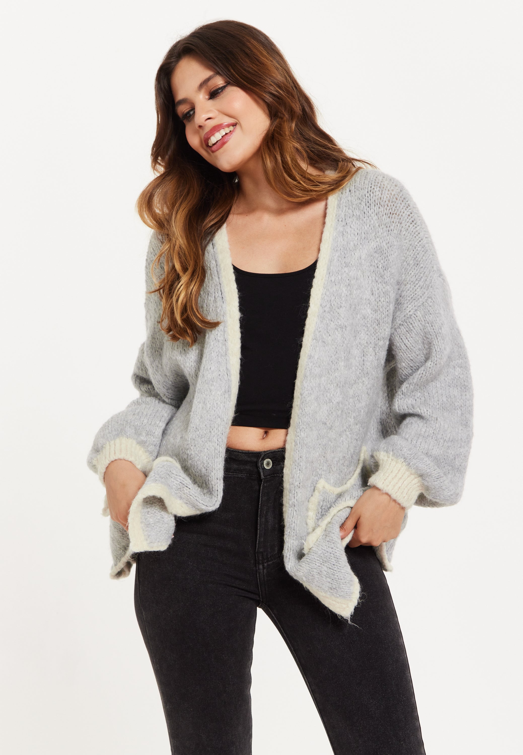 Women's Grey Chunky Knit Cardigan with Pockets, Open-Front Design
