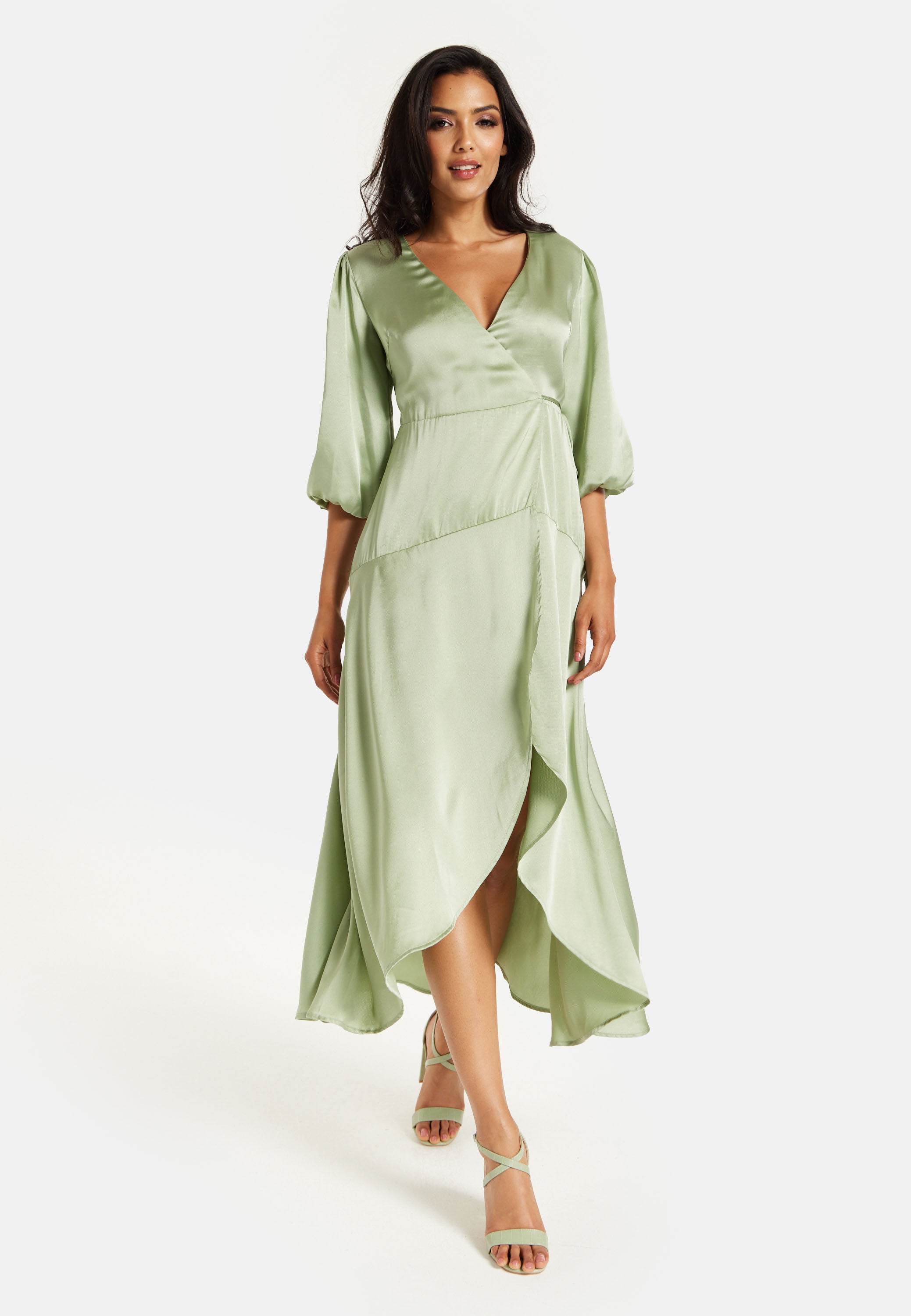Women's Midi Wrap Dress in Sage Green with Short Puff Sleeves - Elegan Liquorish Online Women's Midi Wrap Dress in Sage Green with Short Puff Sleeves - Elegan Liquorish Online