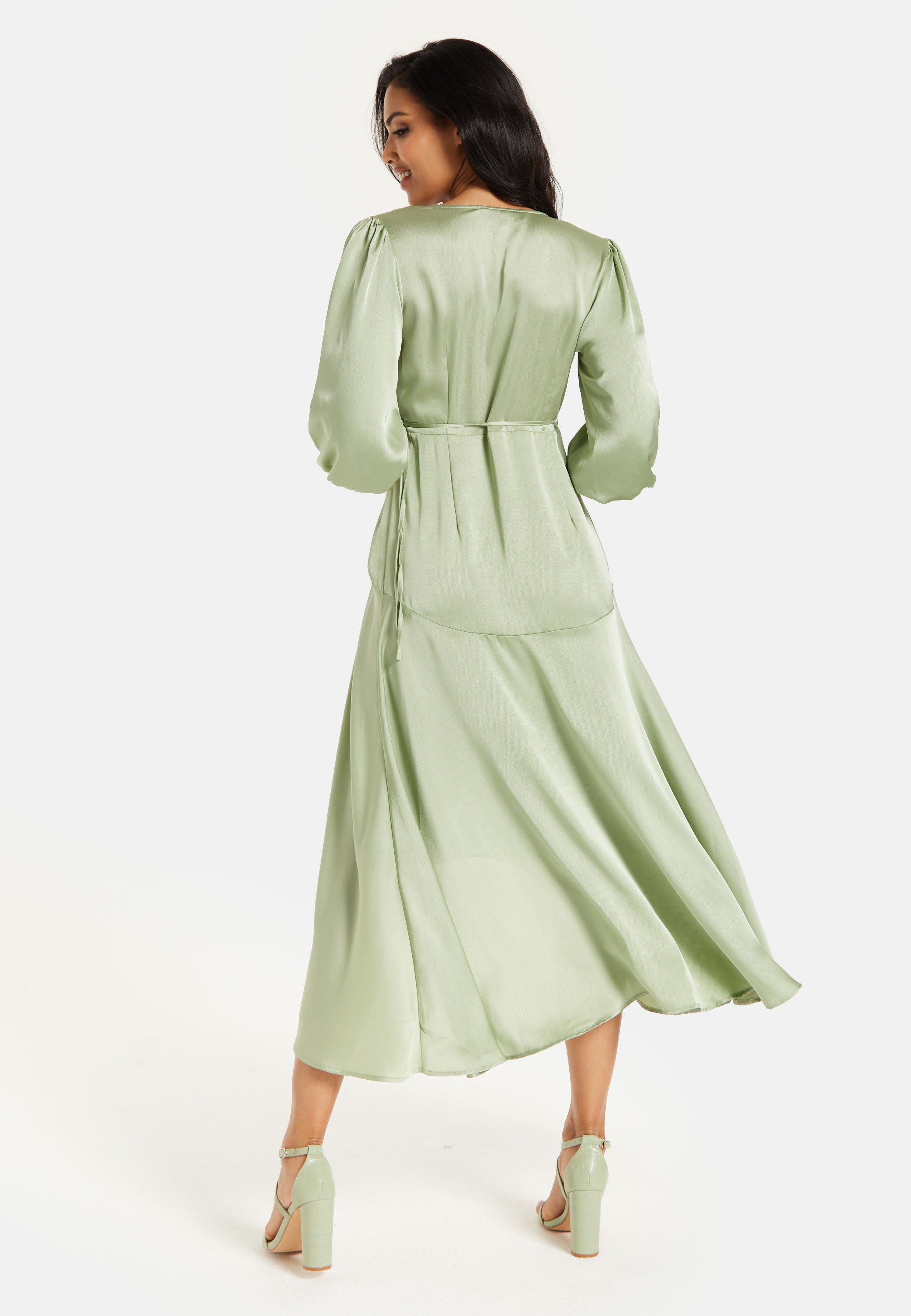 Women's Midi Wrap Dress in Sage Green with Short Puff Sleeves - Elegan Liquorish Online Women's Midi Wrap Dress in Sage Green with Short Puff Sleeves - Elegan Liquorish Online