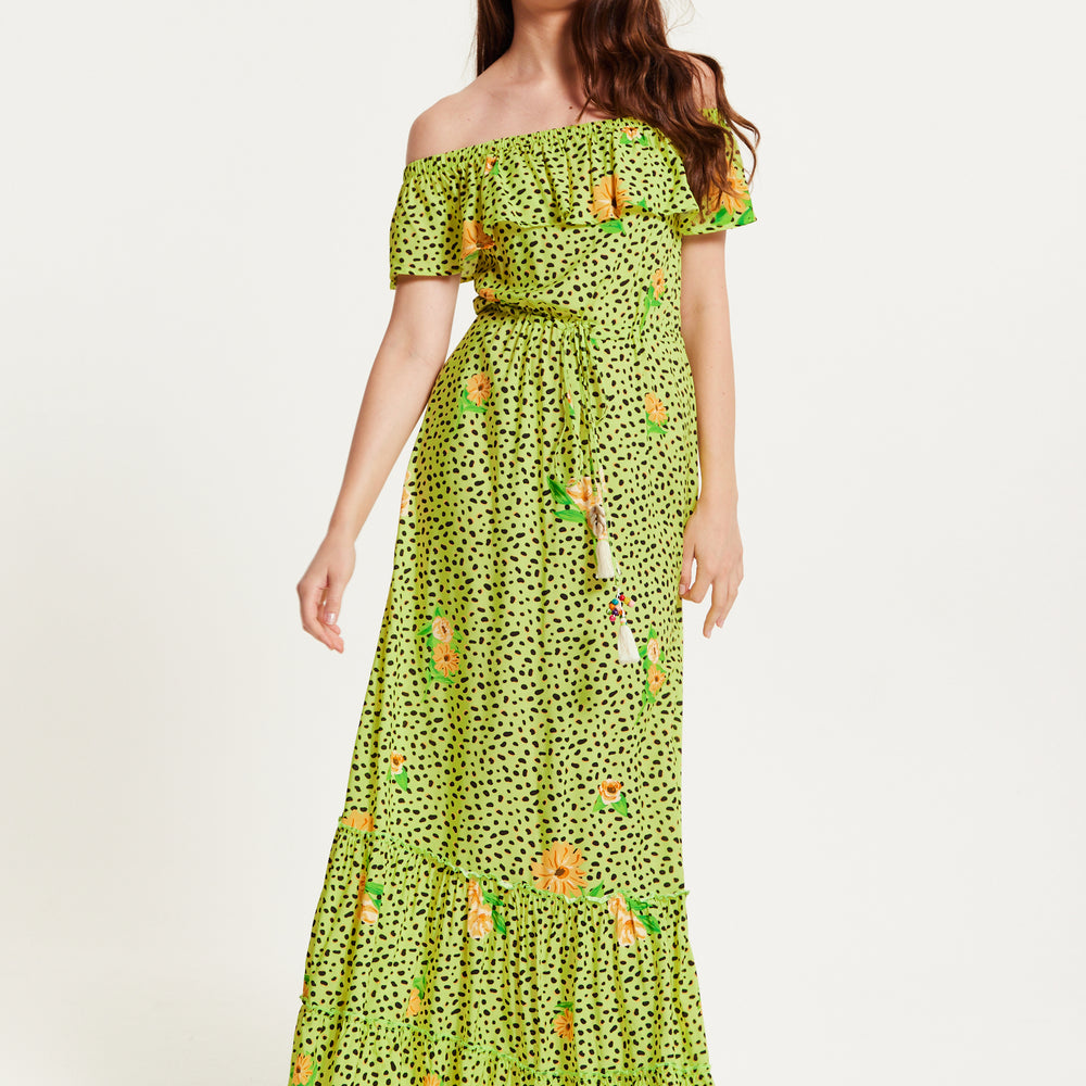 
                  
                    Liquorish Animal and Floral Print Off Shoulder Maxi Dress in Neon Green
                  
                