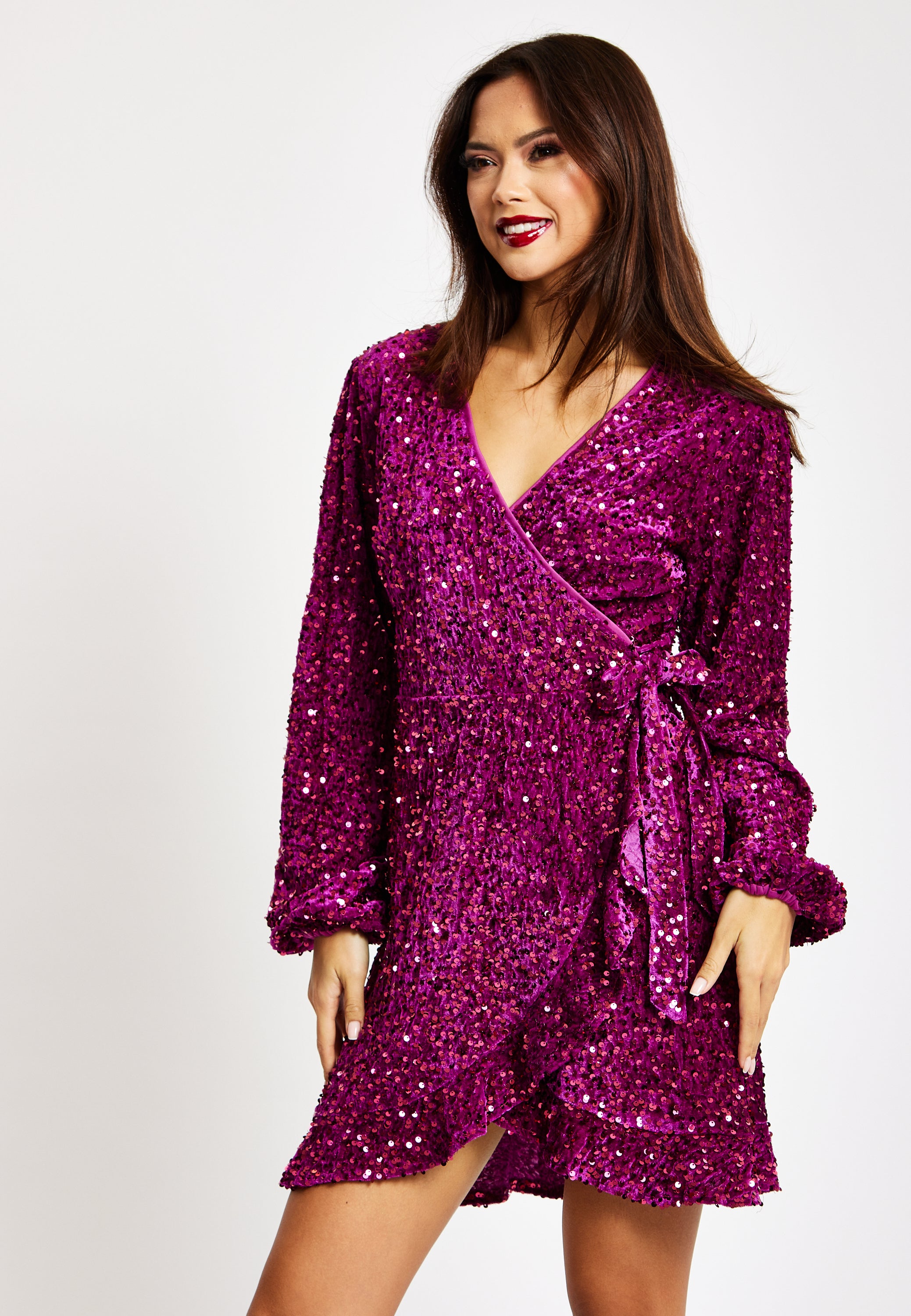 Women s Mini Dress in Pink Sequin Velvet with Long Sleeves Elegant Wrap Style by Liquorish