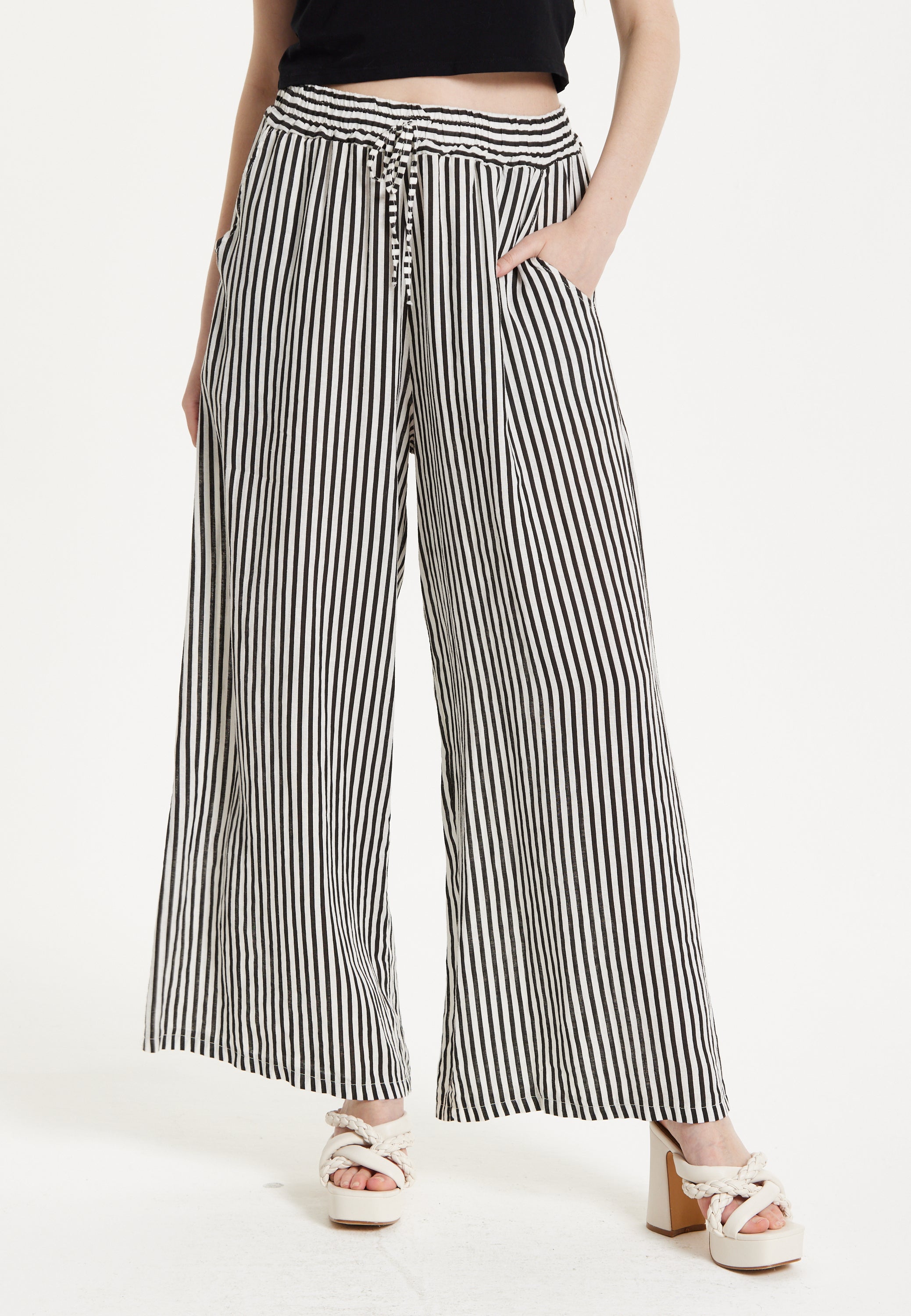 Black and White Striped Linen Wide Leg Trousers – Liquorish Online