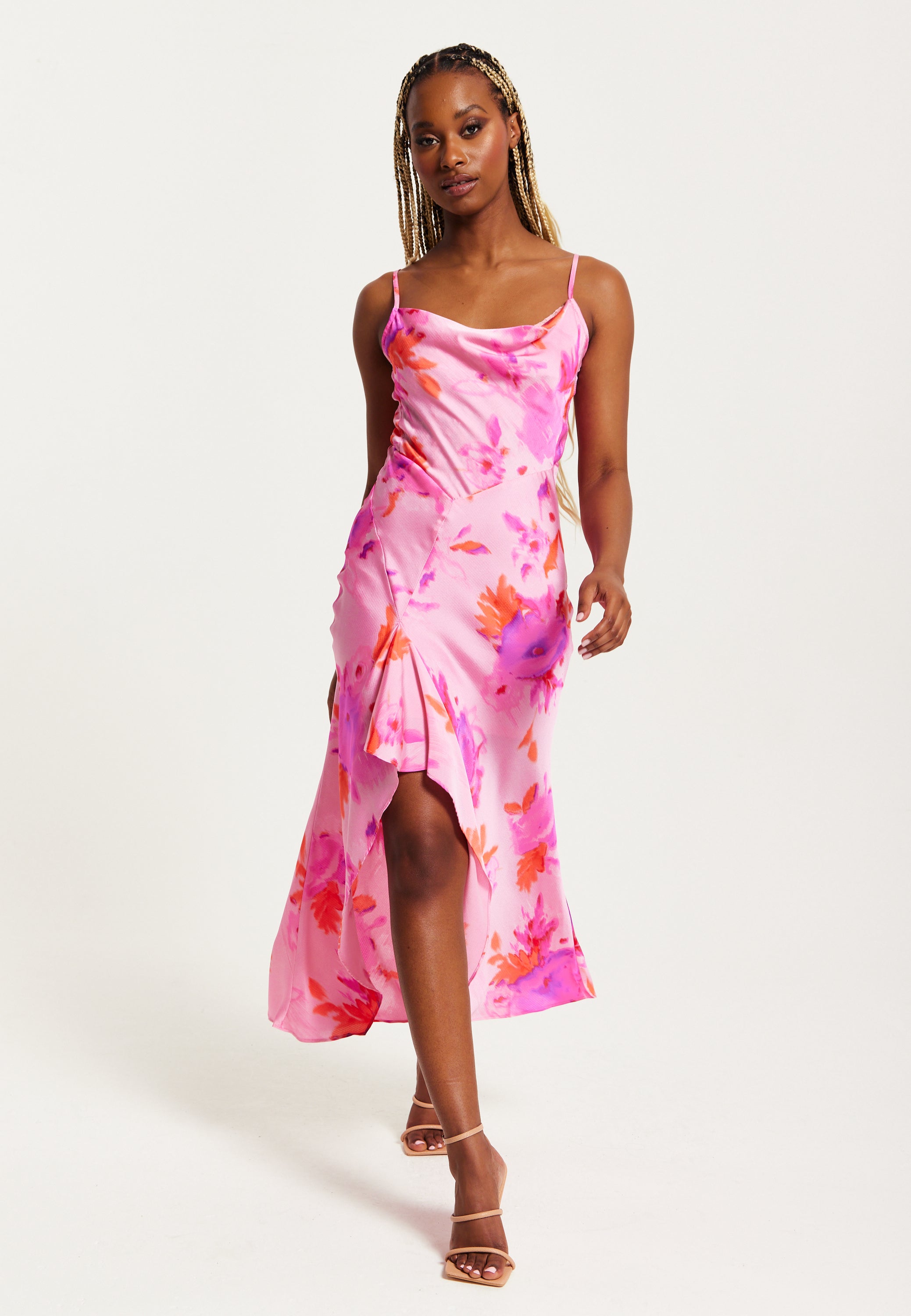 Women s Maxi Dress in Pink with Cowl Neck Floral Print Lace Detail Liquorish Online