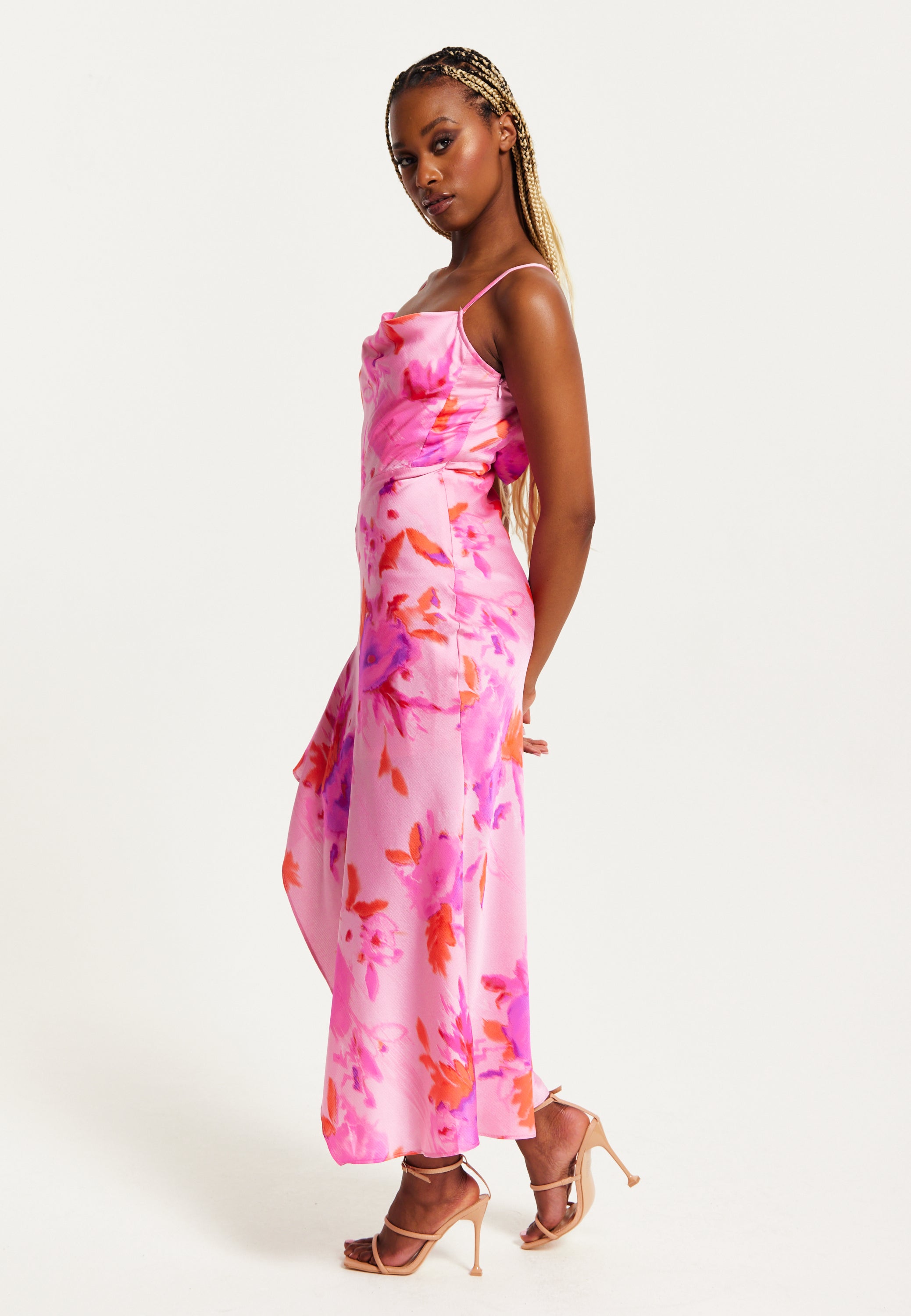 Women s Maxi Dress in Pink with Cowl Neck Floral Print Lace Detail Liquorish Online