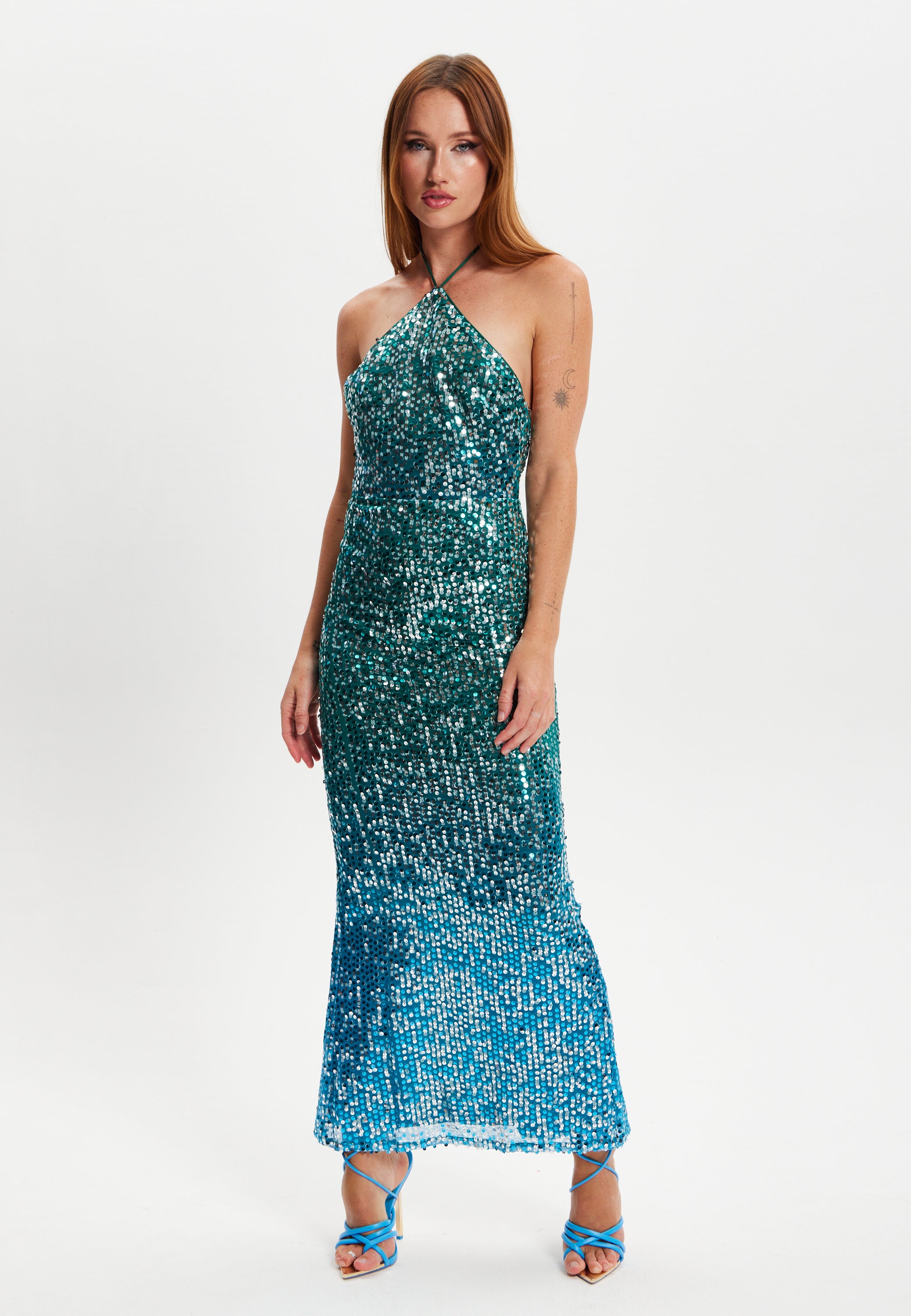 Women s Maxi Dress with Halter Neck Open Back Slim Fit Zip Side Fastening Sequin Detail in Beautiful Color Liquorish