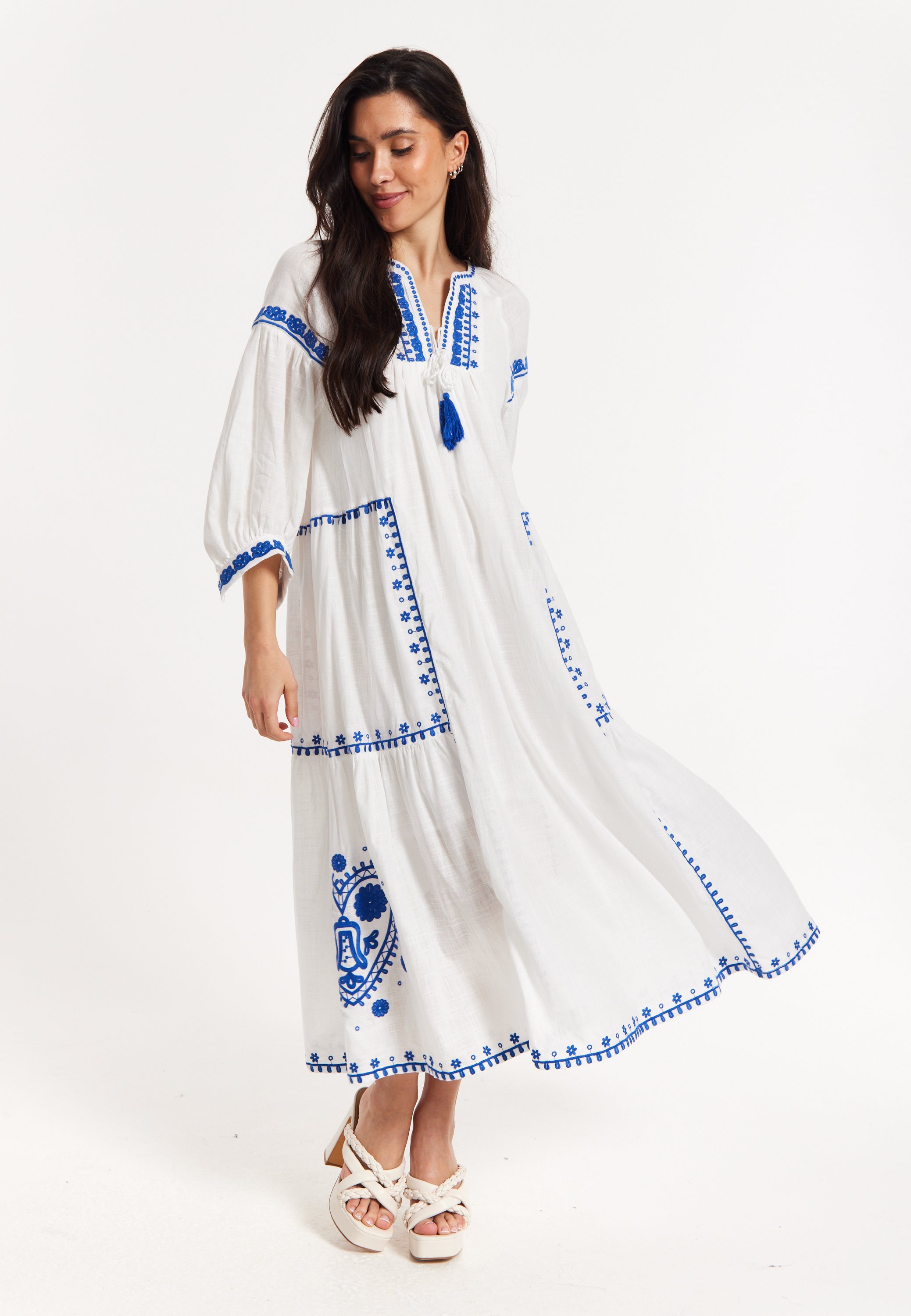 white maxi dress with blue embroidery White Embroidered Scallop Hem Dress - Maxi Dresses