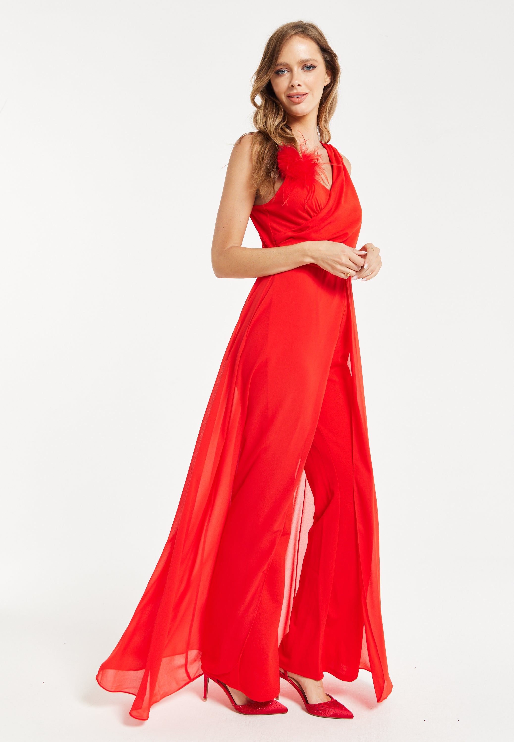 Women s Red Sleeveless Jumpsuit with Sheer Overlay for Elegant Evening Liquorish Online