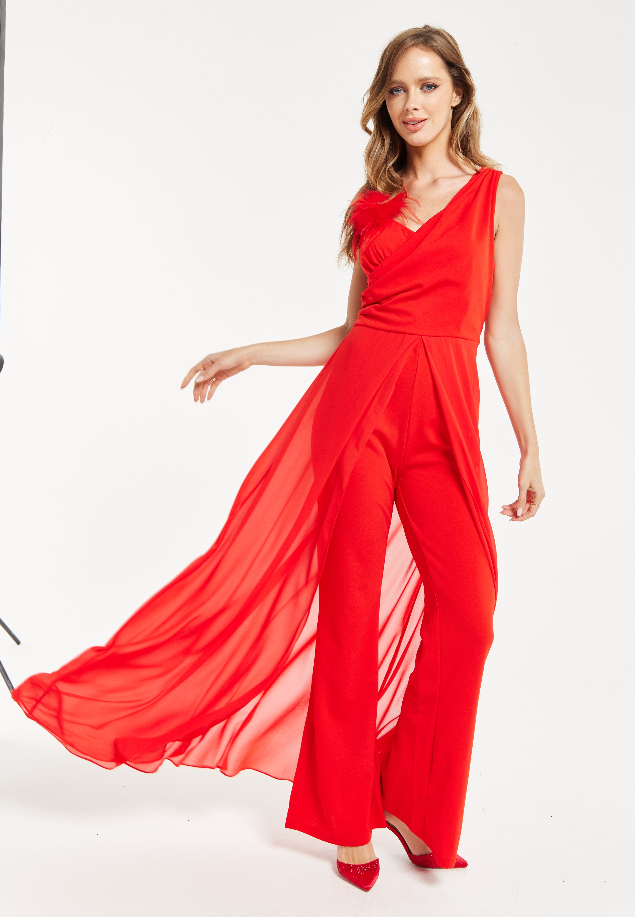 Women's Red Sleeveless Jumpsuit with Sheer Overlay for Elegant