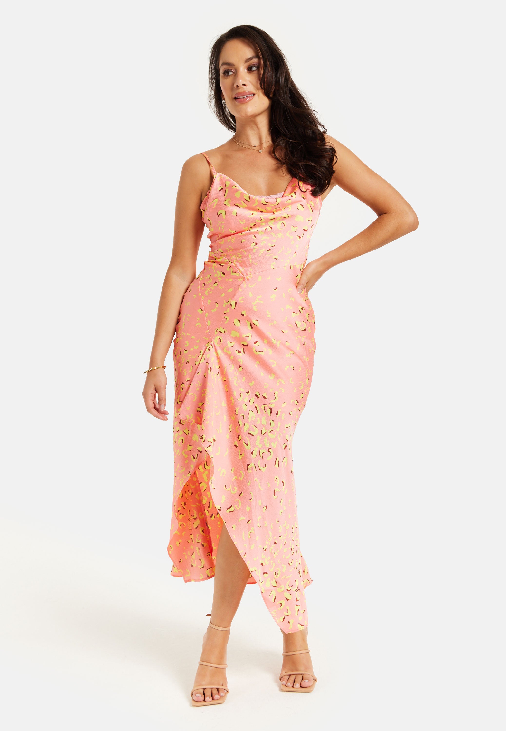 Women's Maxi Dress in Peach with Cowl Neck, Spaghetti Straps, and Abst Liquorish Online Women's Maxi Dress in Peach with Cowl Neck, Spaghetti Straps, and Abst Liquorish Online