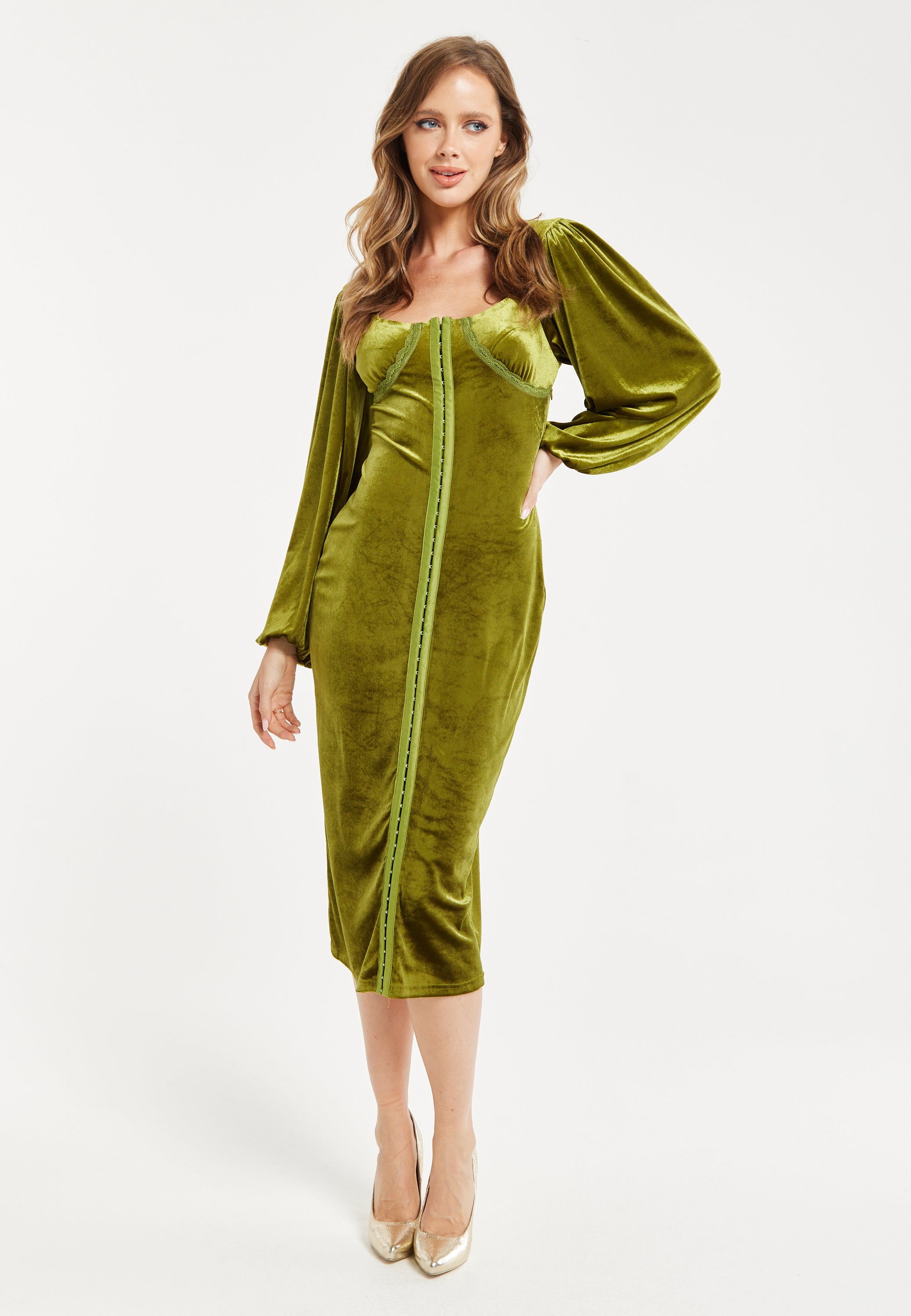 Women’s Midi Dress with Balloon Sleeves in Luxurious Velvet Elegant Corset Detail by Liquorish