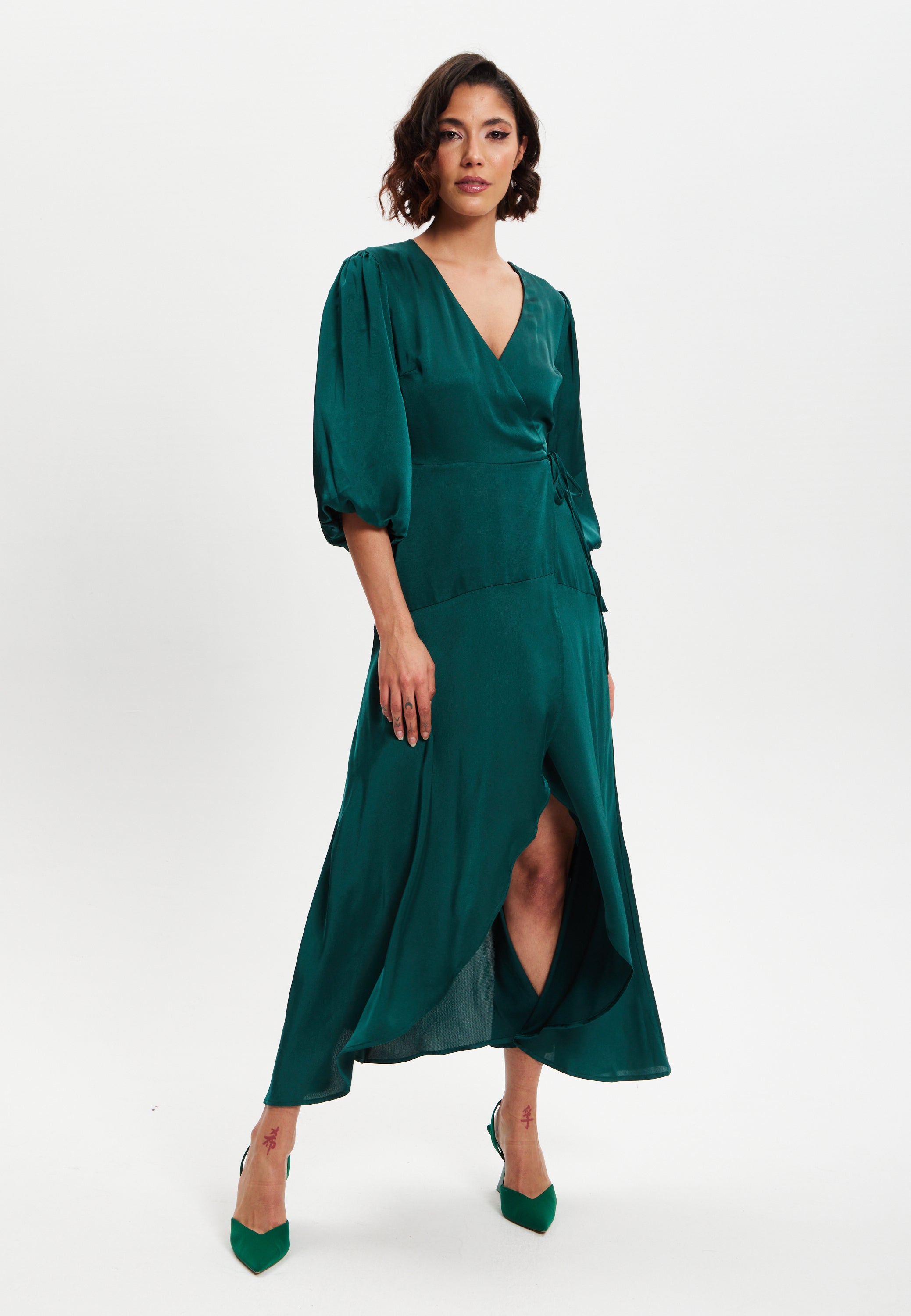 Green wrap dress midi hotsell