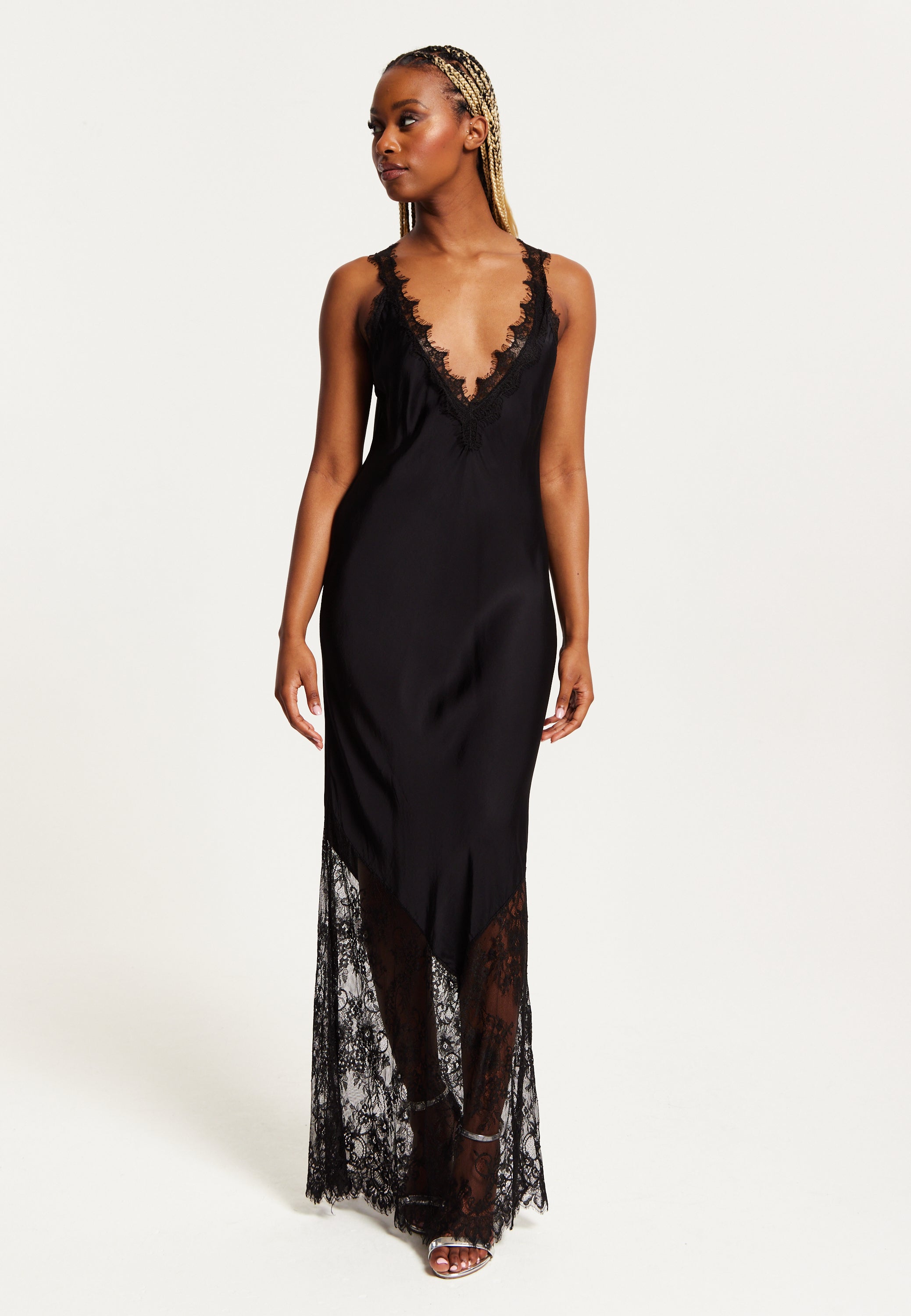 Women's Maxi Dress with Lace Detail, Deep V-Neck, and Flowing
