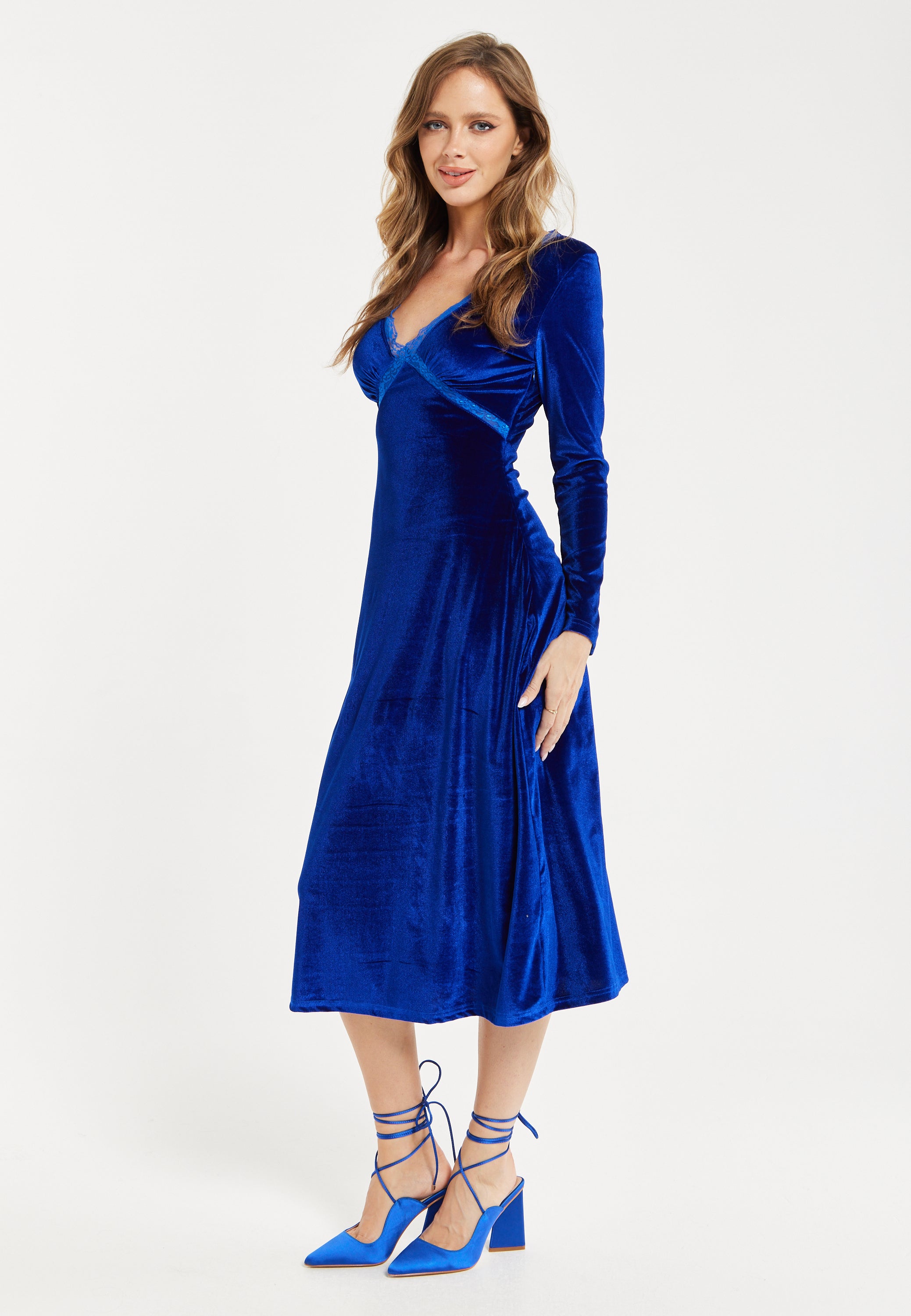 Women's Midi Dress in Royal Blue Velvet with Long Sleeves - Liquorish Liquorish Online Women's Midi Dress in Royal Blue Velvet with Long Sleeves - Liquorish Liquorish Online