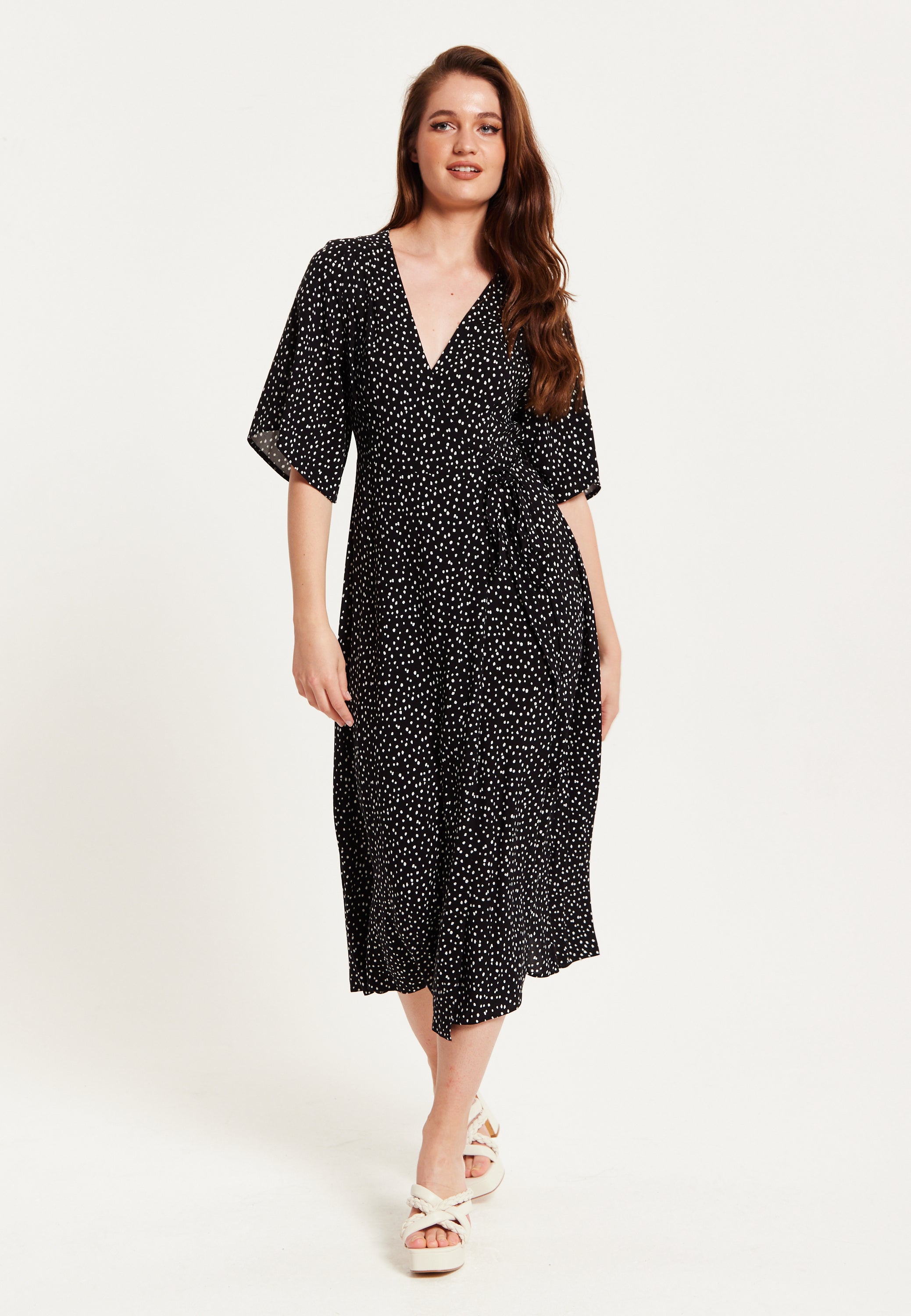 Women s Midi Wrap Dress in Black with Kimono Sleeves Polka Dot Adjustable Fit by Liquorish