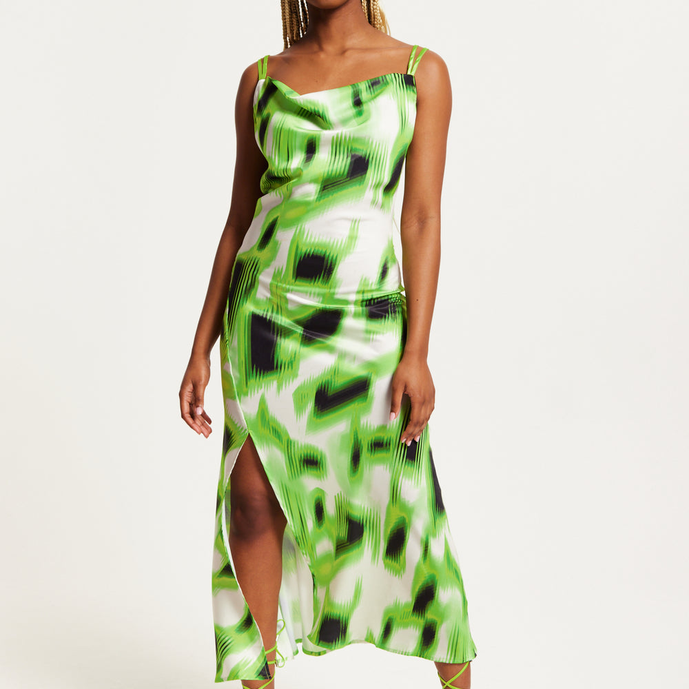 
                  
                    Liquorish Green and Black Abstract Print Cowl Neck Midi Dress
                  
                