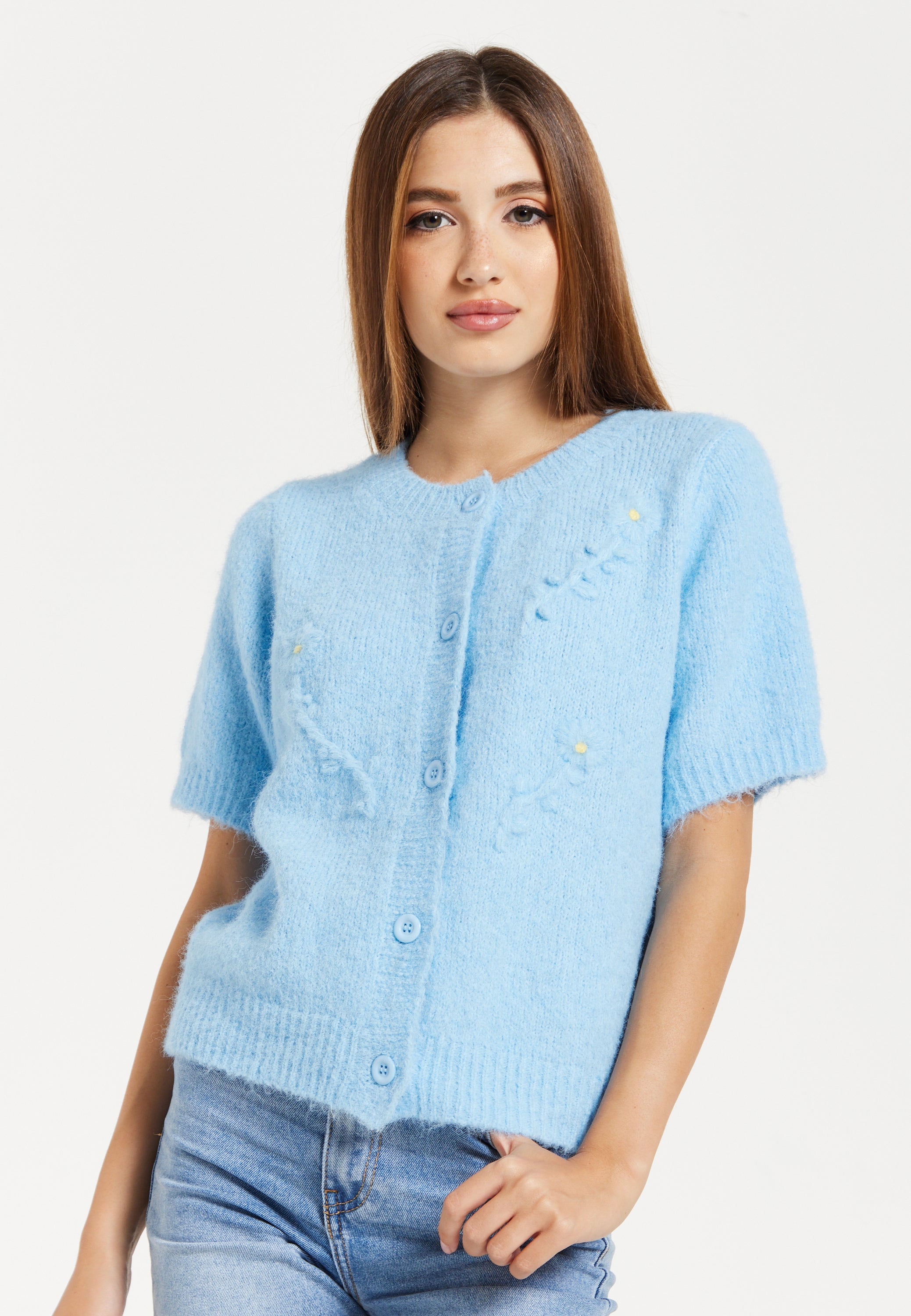 Women s Cardigan Blue Floral Short Sleeve Knit with Button Down Front Perfect for Layering Liquorish