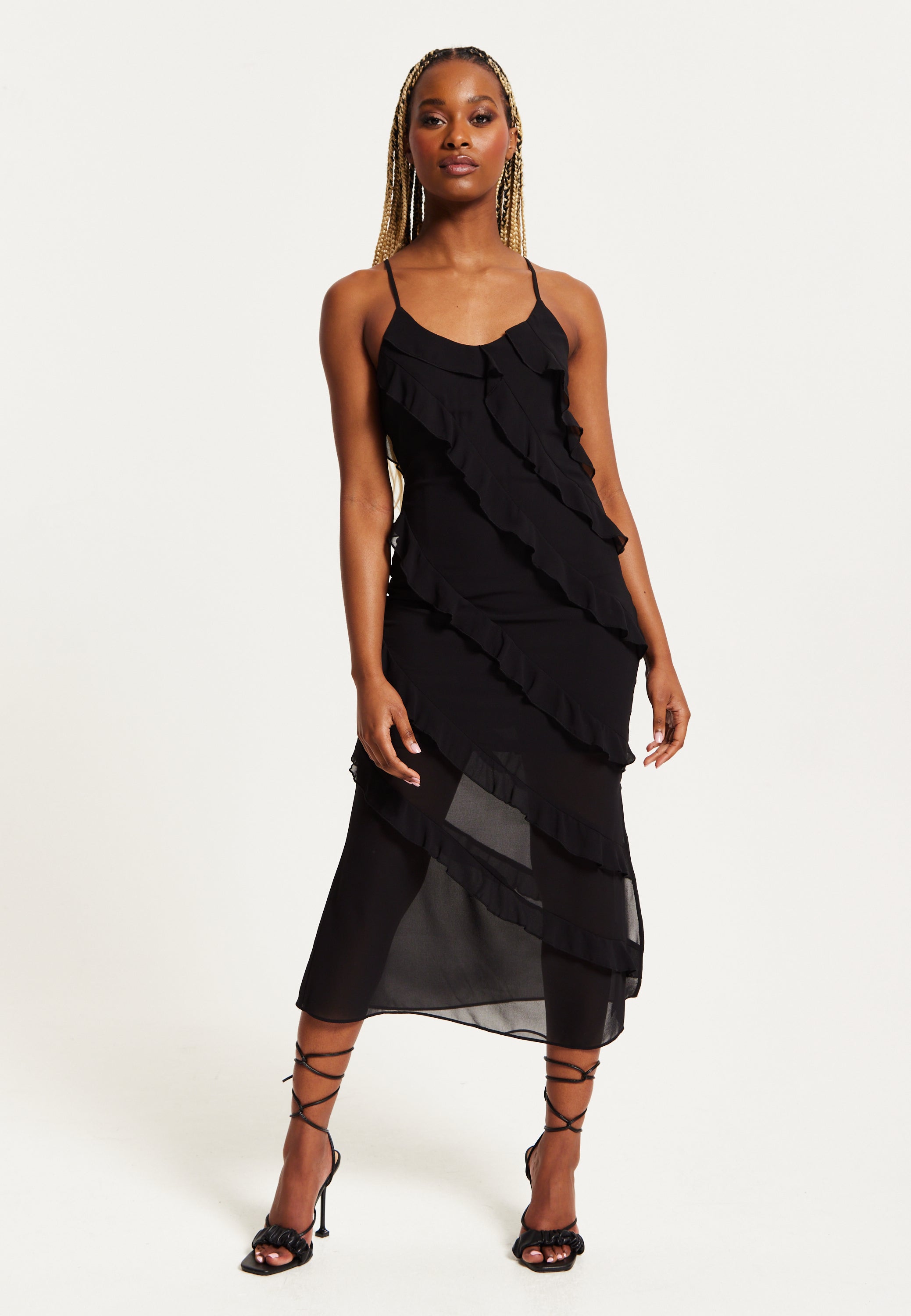 Women s Midi Dress with Spaghetti Straps and Diagonal Frill Detail in Liquorish Online