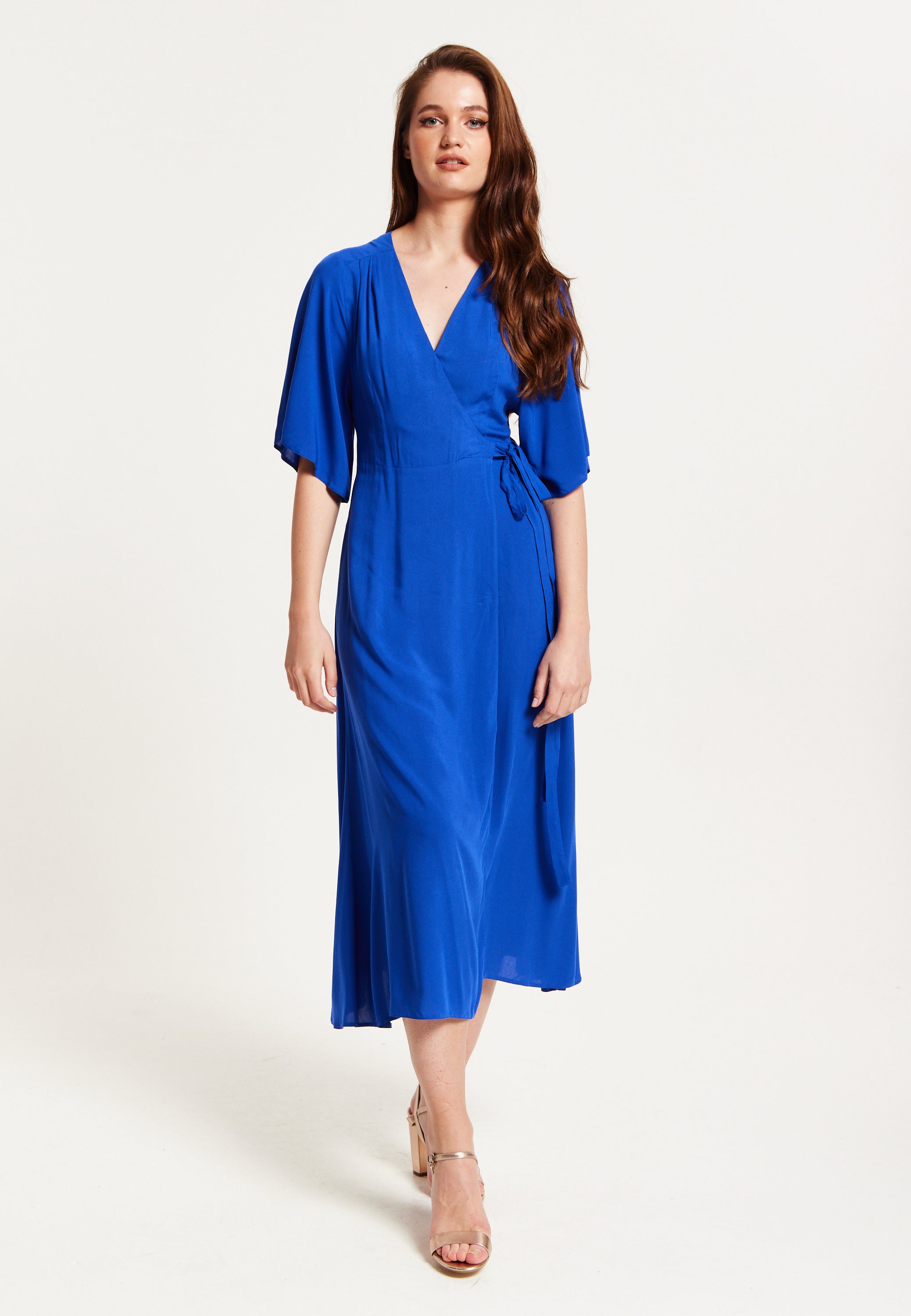 Women's Midi Wrap Dress in Royal Blue with Kimono Sleeves and Matching Liquorish Online Women's Midi Wrap Dress in Royal Blue with Kimono Sleeves and Matching Liquorish Online
